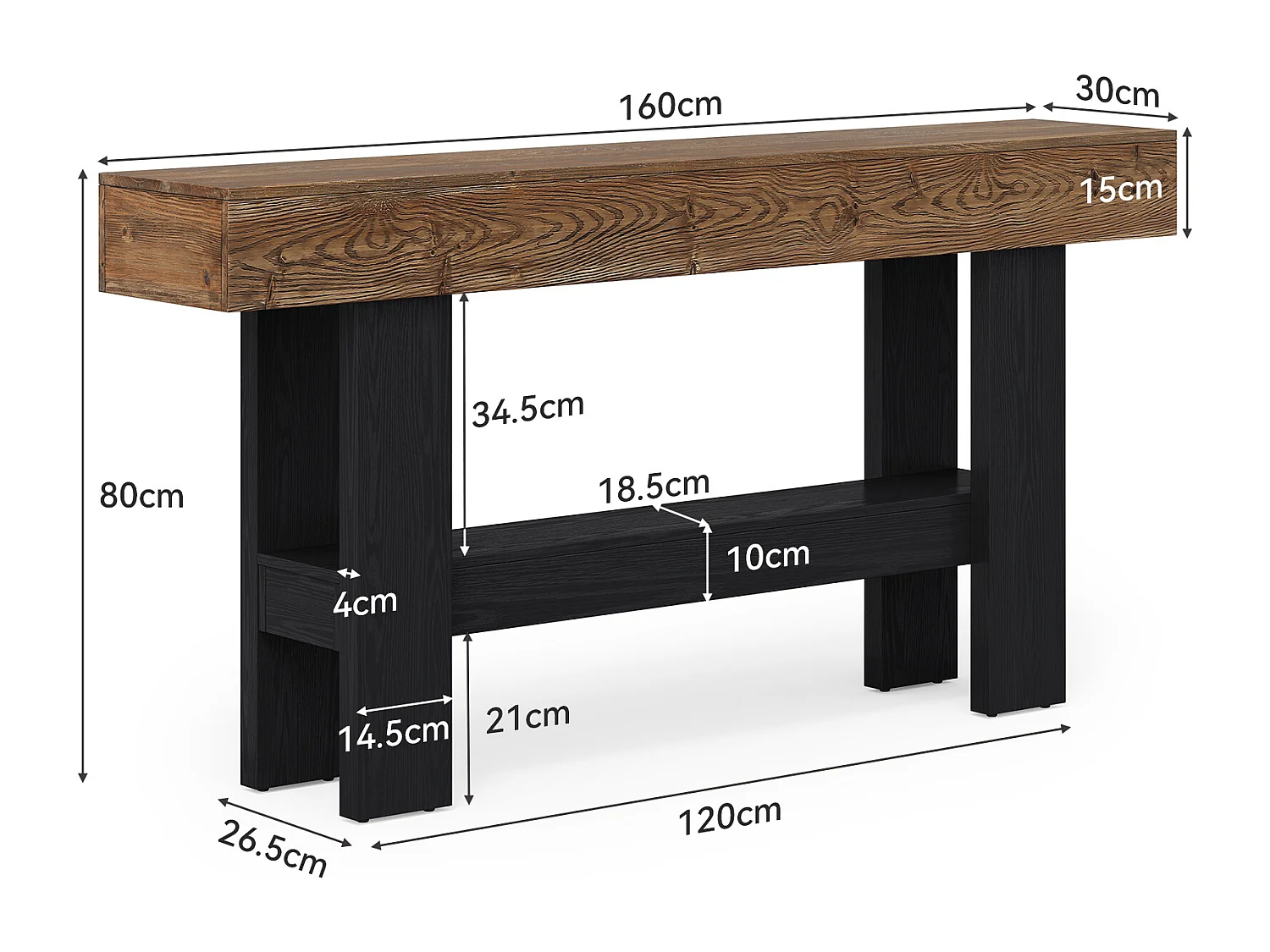 Console en bois massif noir pour entrée, table d'appoint étroite de 160 cm de long avec étagère de rangement, à placer derrière un canapé.