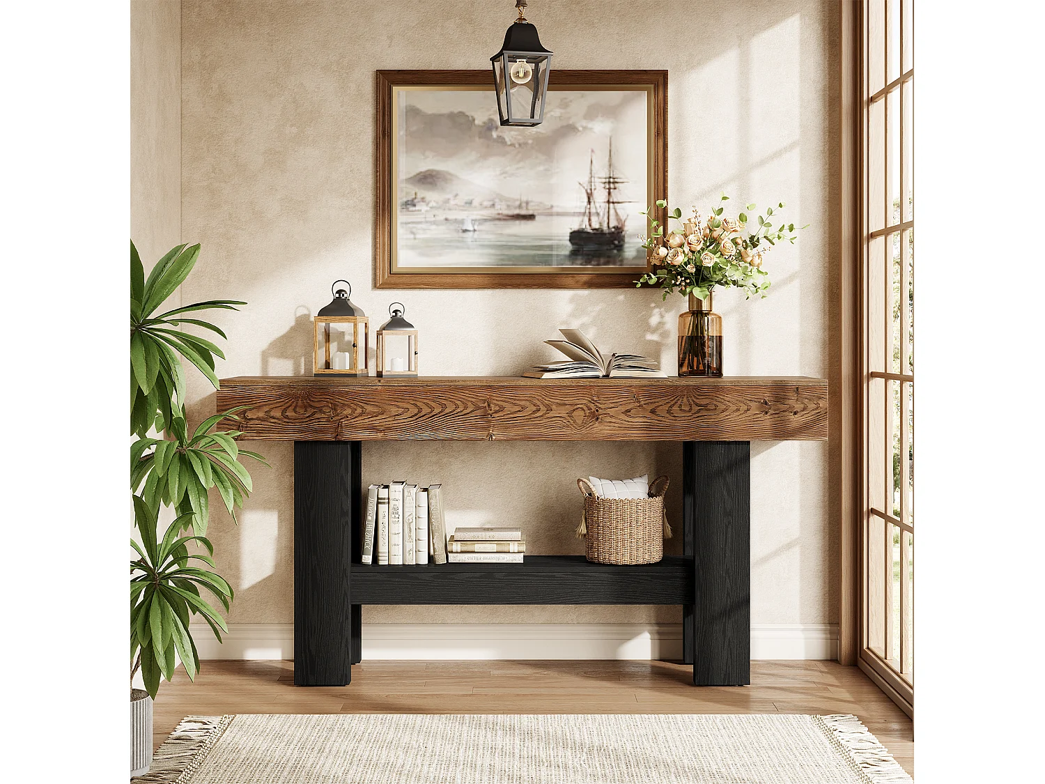 Console en bois massif noir pour entrée, table d'appoint étroite de 160 cm de long avec étagère de rangement, à placer derrière un canapé.