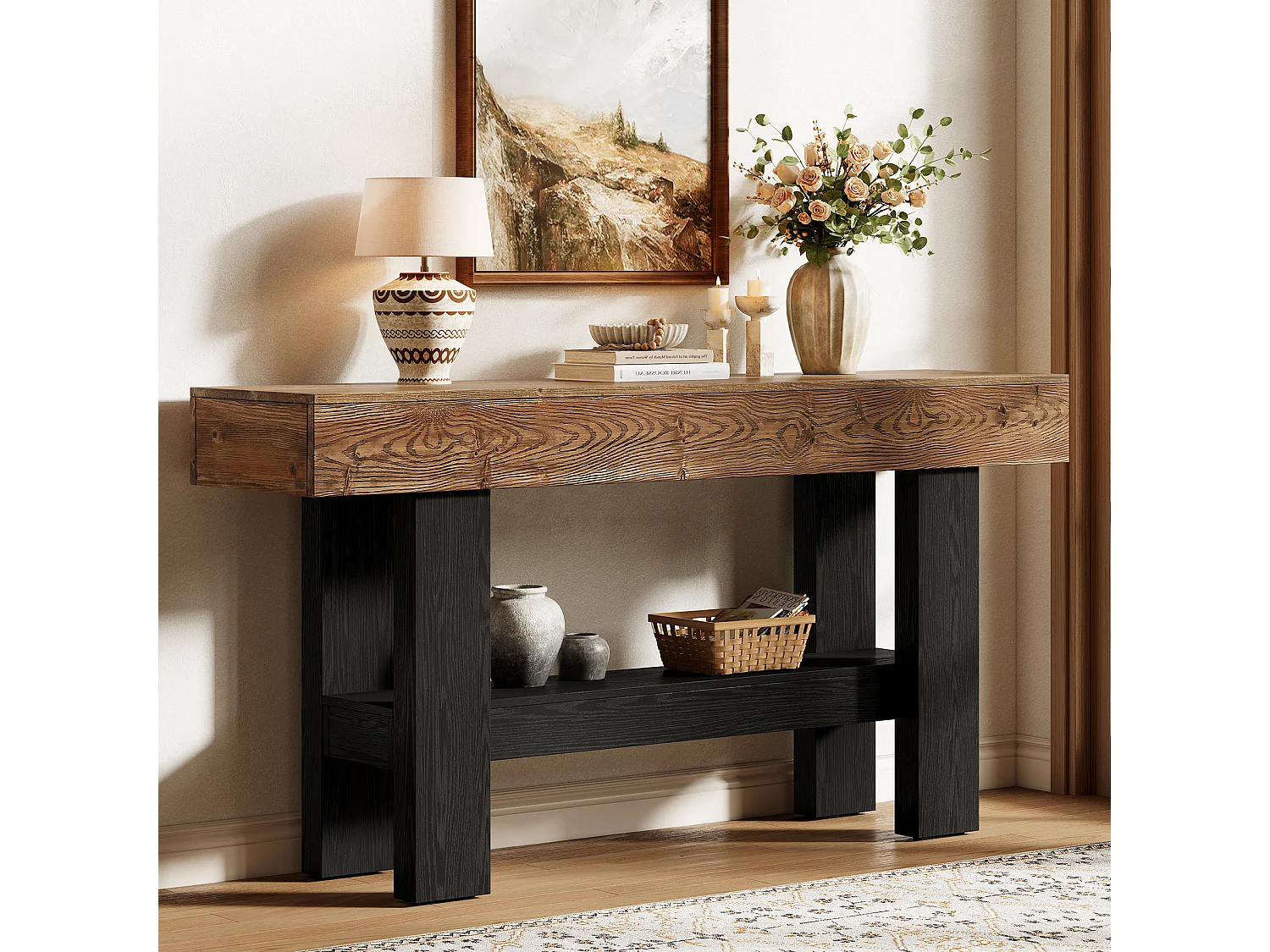 Console en bois massif noir pour entrée, table d'appoint étroite de 160 cm de long avec étagère de rangement, à placer derrière un canapé.