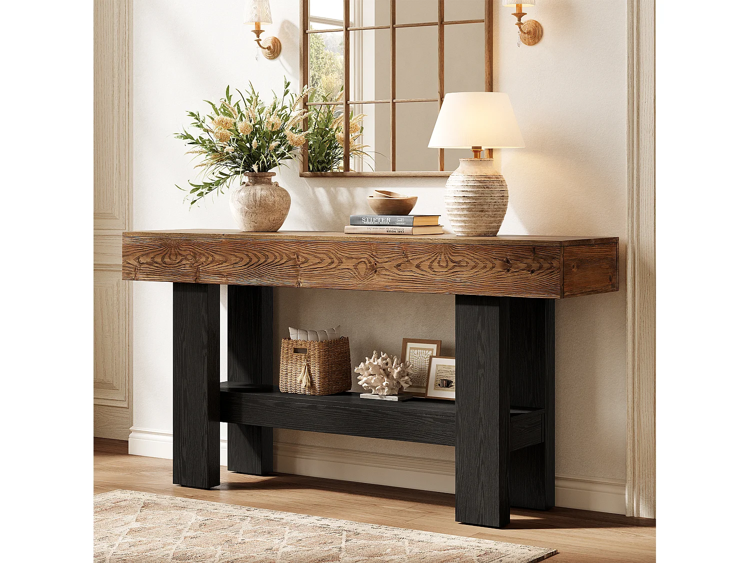 Console en bois massif noir pour entrée, table d'appoint étroite de 160 cm de long avec étagère de rangement, à placer derrière un canapé.