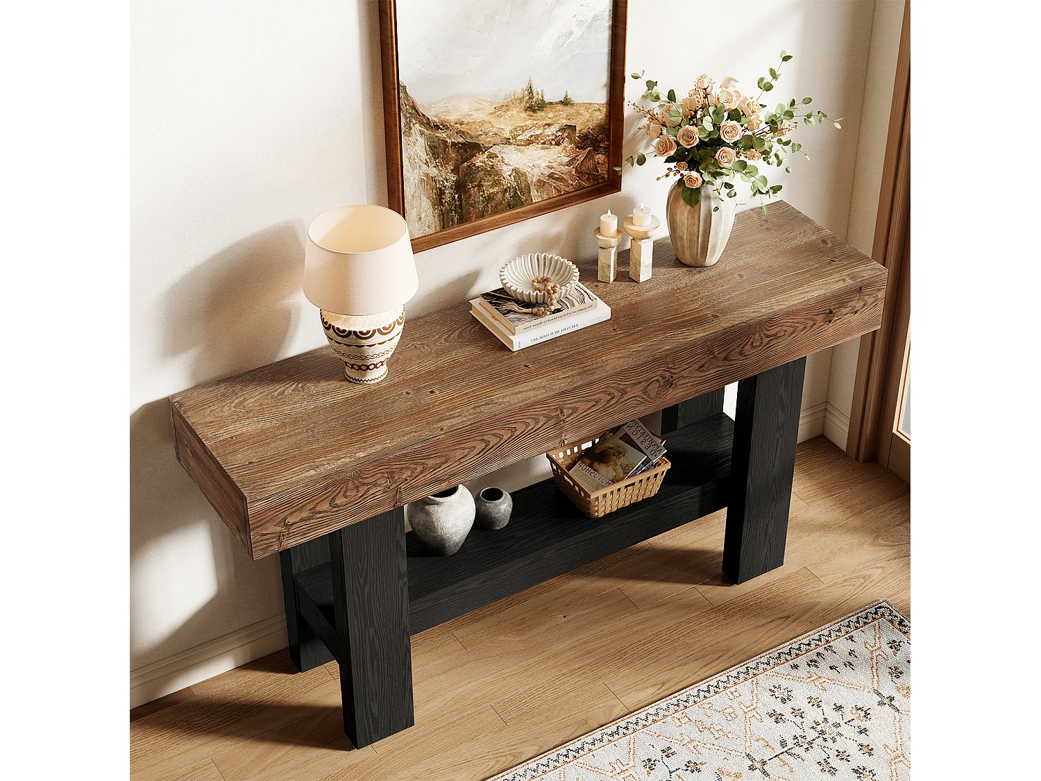 Console en bois massif noir pour entrée, table d'appoint étroite de 160 cm de long avec étagère de rangement, à placer derrière un canapé.
