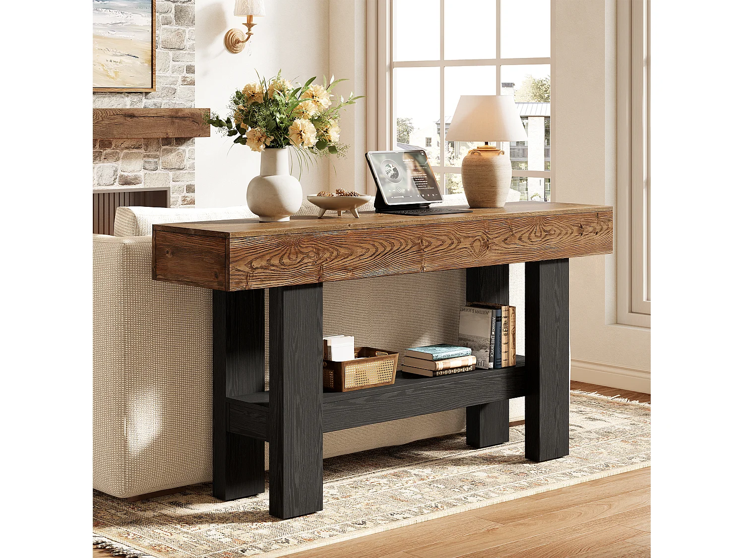 Console en bois massif noir pour entrée, table d'appoint étroite de 160 cm de long avec étagère de rangement, à placer derrière un canapé.