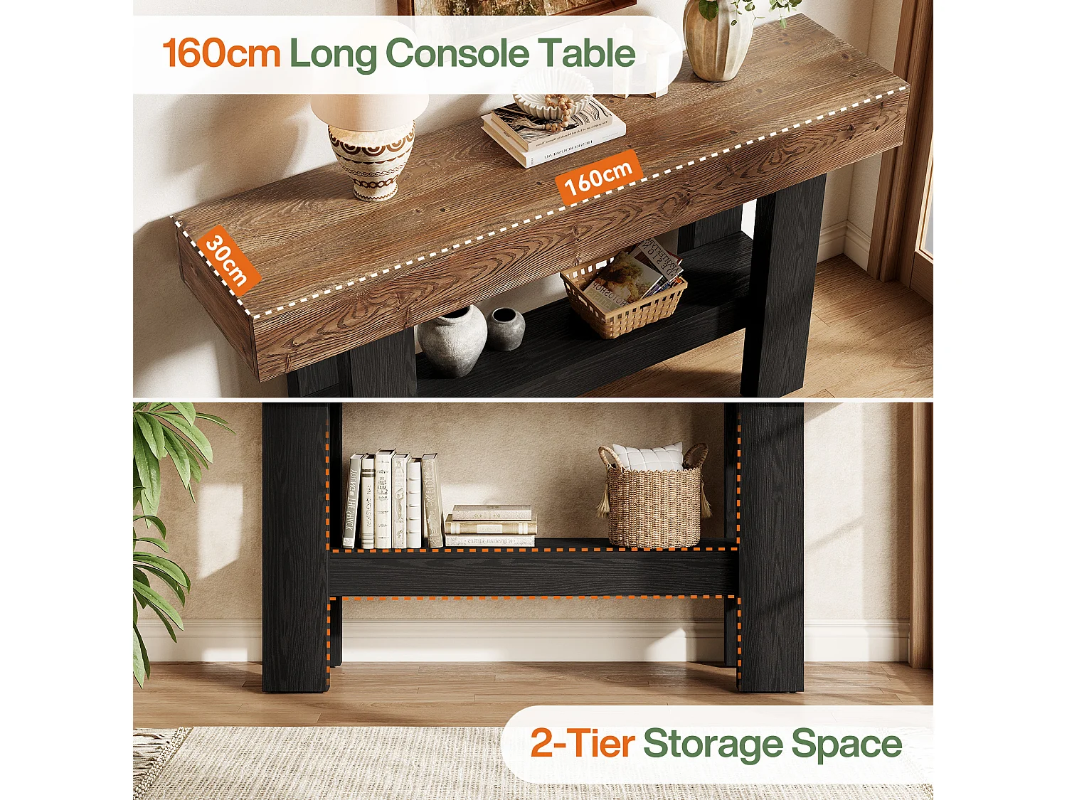 Console en bois massif noir pour entrée, table d'appoint étroite de 160 cm de long avec étagère de rangement, à placer derrière un canapé.