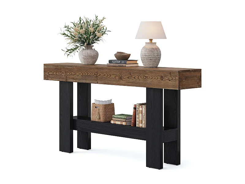Console en bois massif noir pour entrée, table d'appoint étroite de 160 cm de long avec étagère de rangement, à placer derrière un canapé.