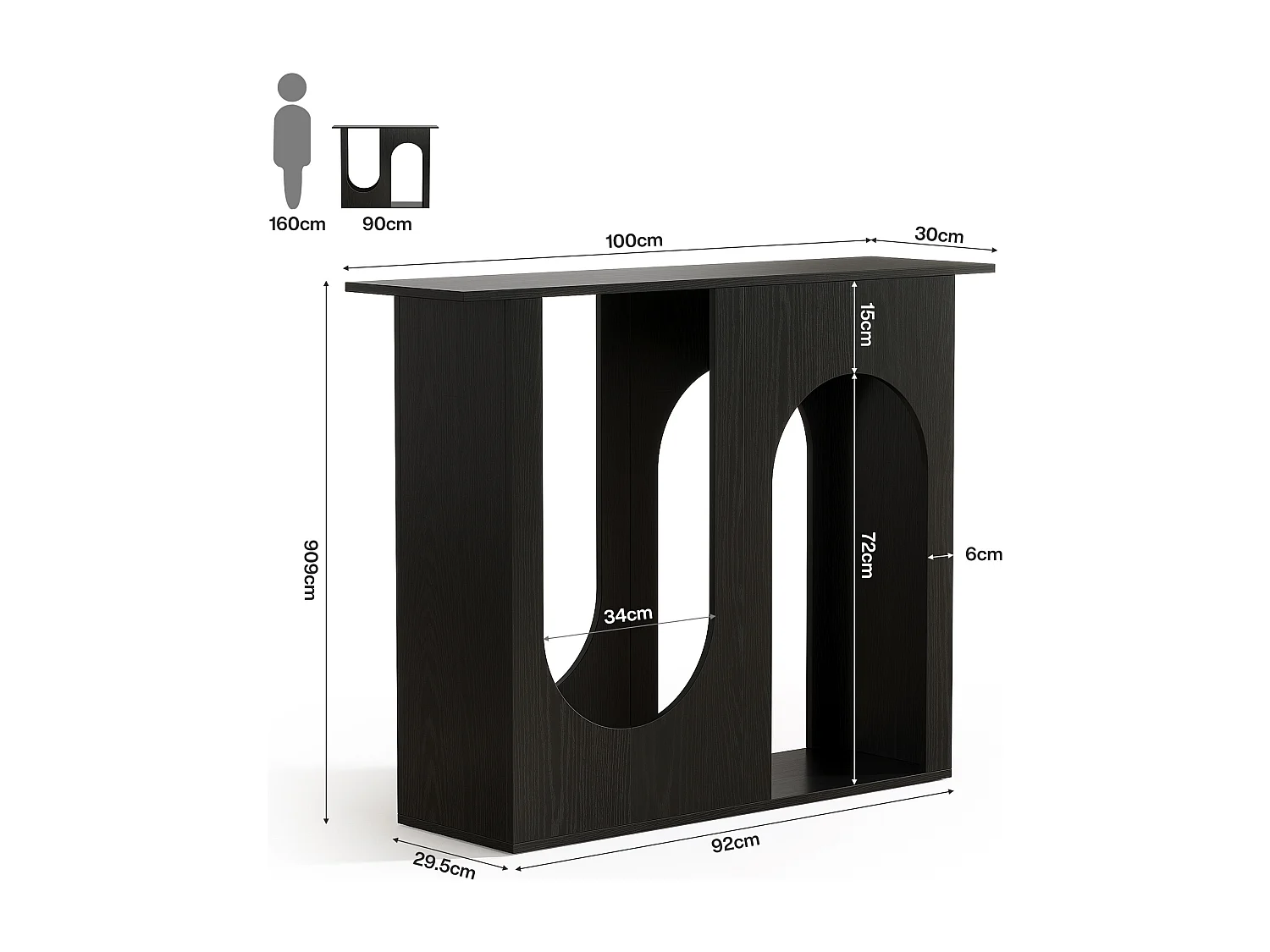 100 cm czarny stolik kawowy, wąska konsola za kanapą o łukowym kształcie, nowoczesna konsola do przedpokoju