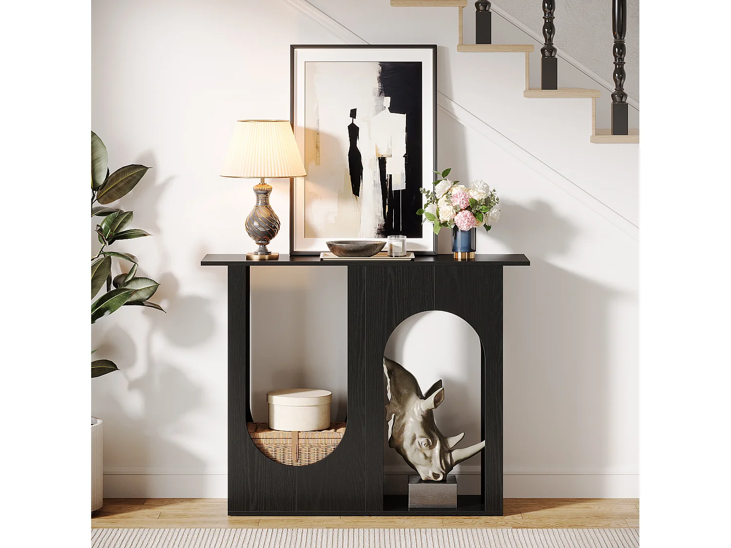 100 cm czarny stolik kawowy, wąska konsola za kanapą o łukowym kształcie, nowoczesna konsola do przedpokoju