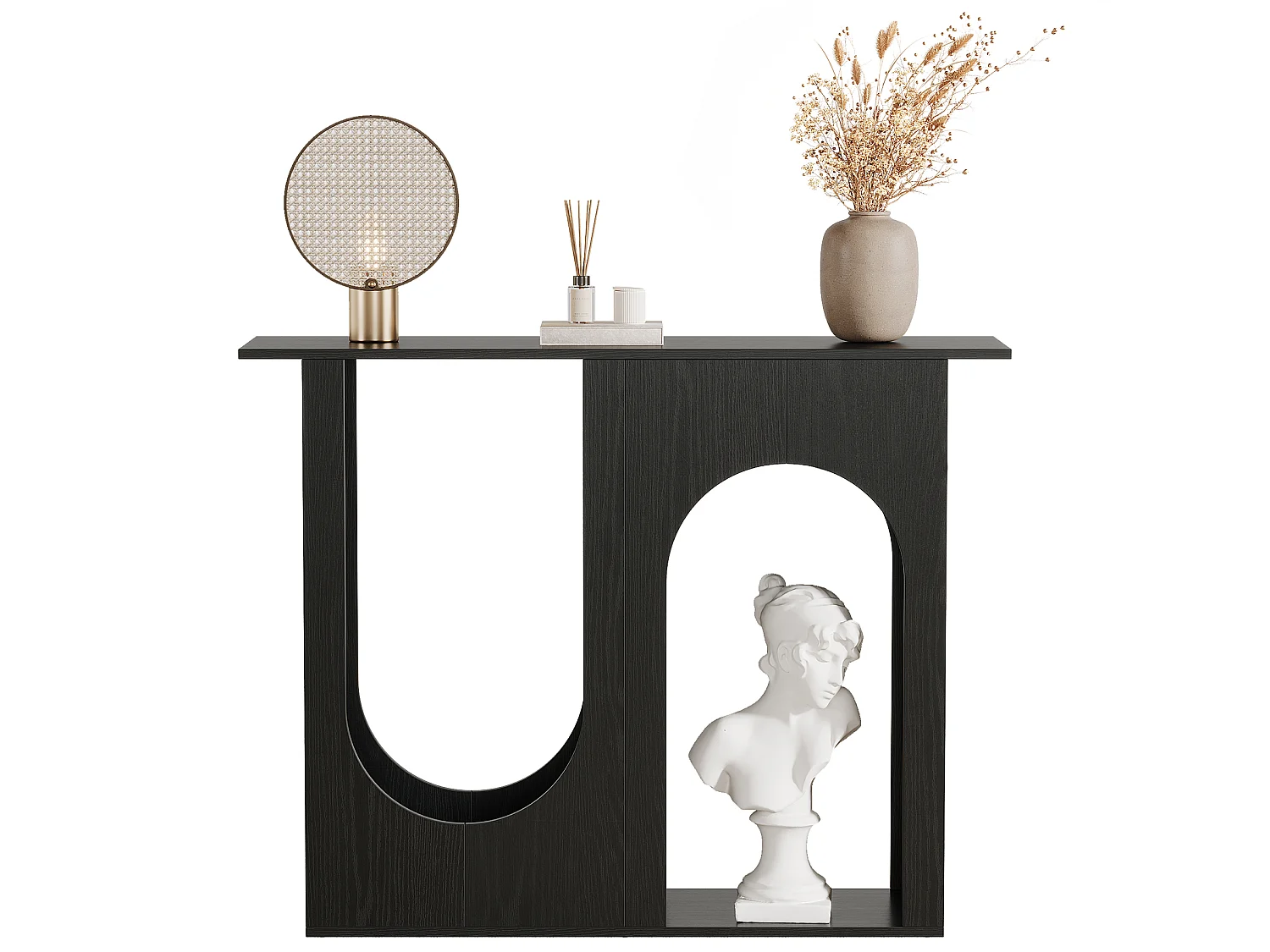 Table console noire de 100 cm, étroite, à placer derrière le canapé, avec un design arqué, style moderne pour entrée.