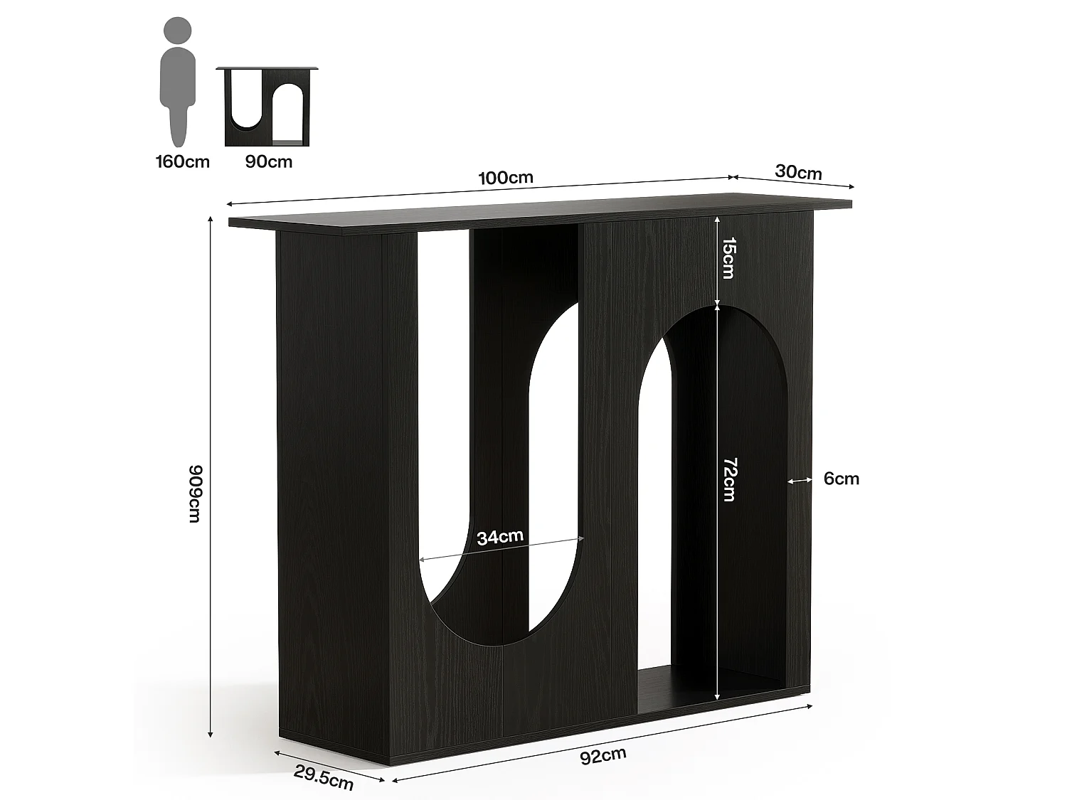 Table console noire de 100 cm, étroite, à placer derrière le canapé, avec un design arqué, style moderne pour entrée.