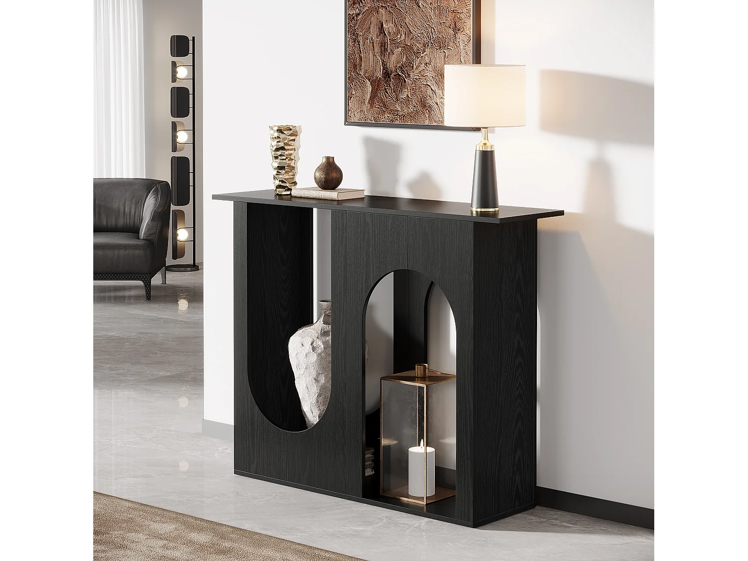 Table console noire de 100 cm, étroite, à placer derrière le canapé, avec un design arqué, style moderne pour entrée.