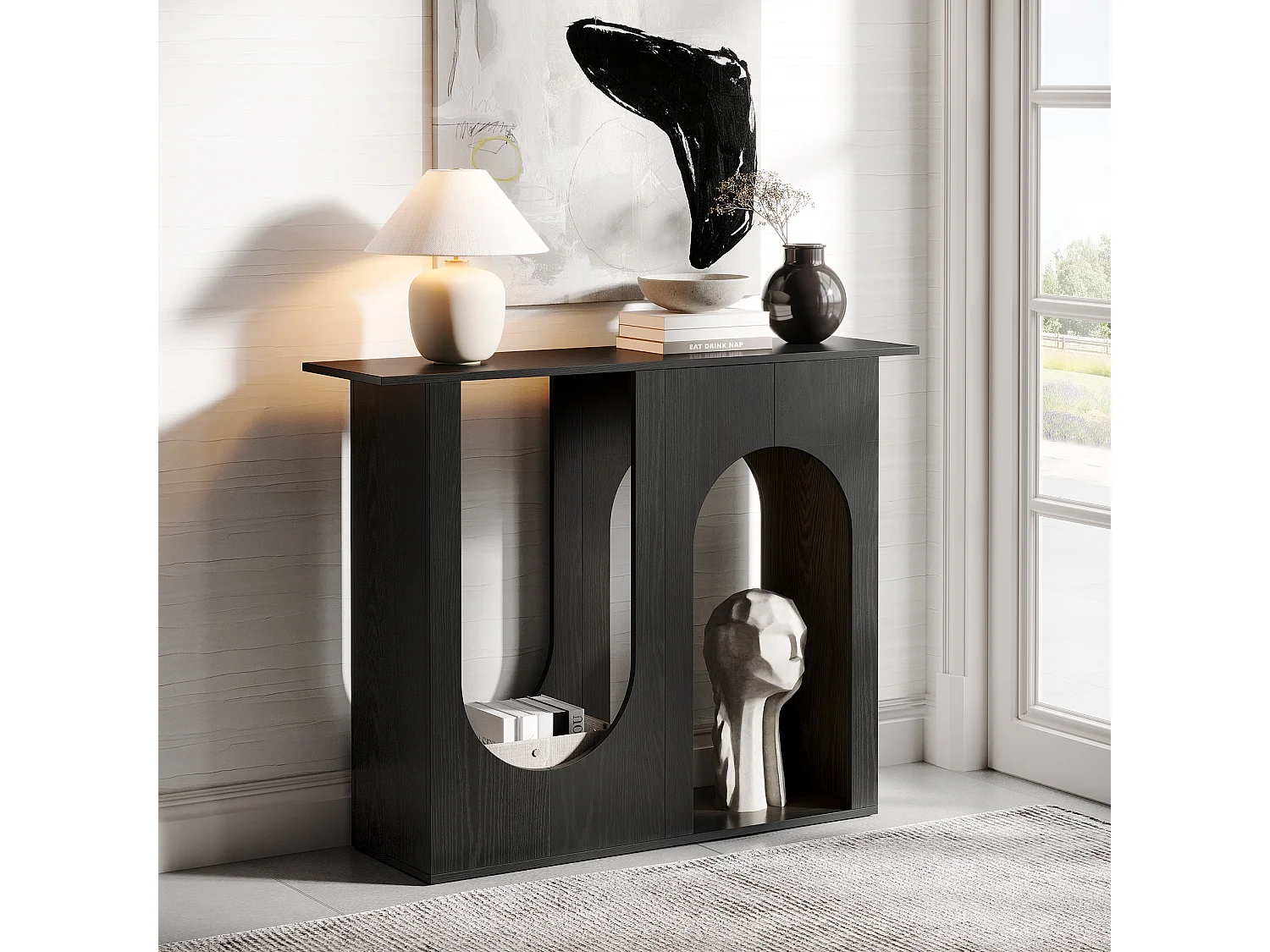 Table console noire de 100 cm, étroite, à placer derrière le canapé, avec un design arqué, style moderne pour entrée.