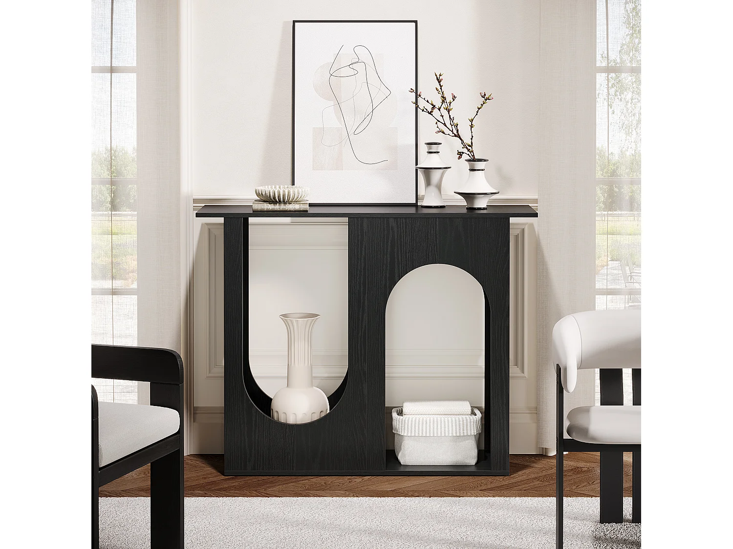 Table console noire de 100 cm, étroite, à placer derrière le canapé, avec un design arqué, style moderne pour entrée.