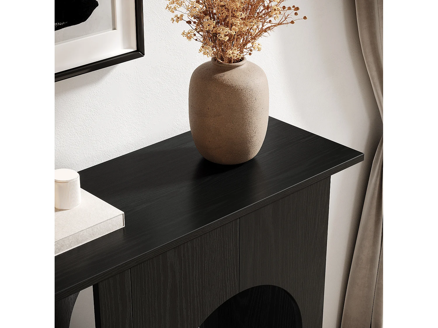 Table console noire de 100 cm, étroite, à placer derrière le canapé, avec un design arqué, style moderne pour entrée.