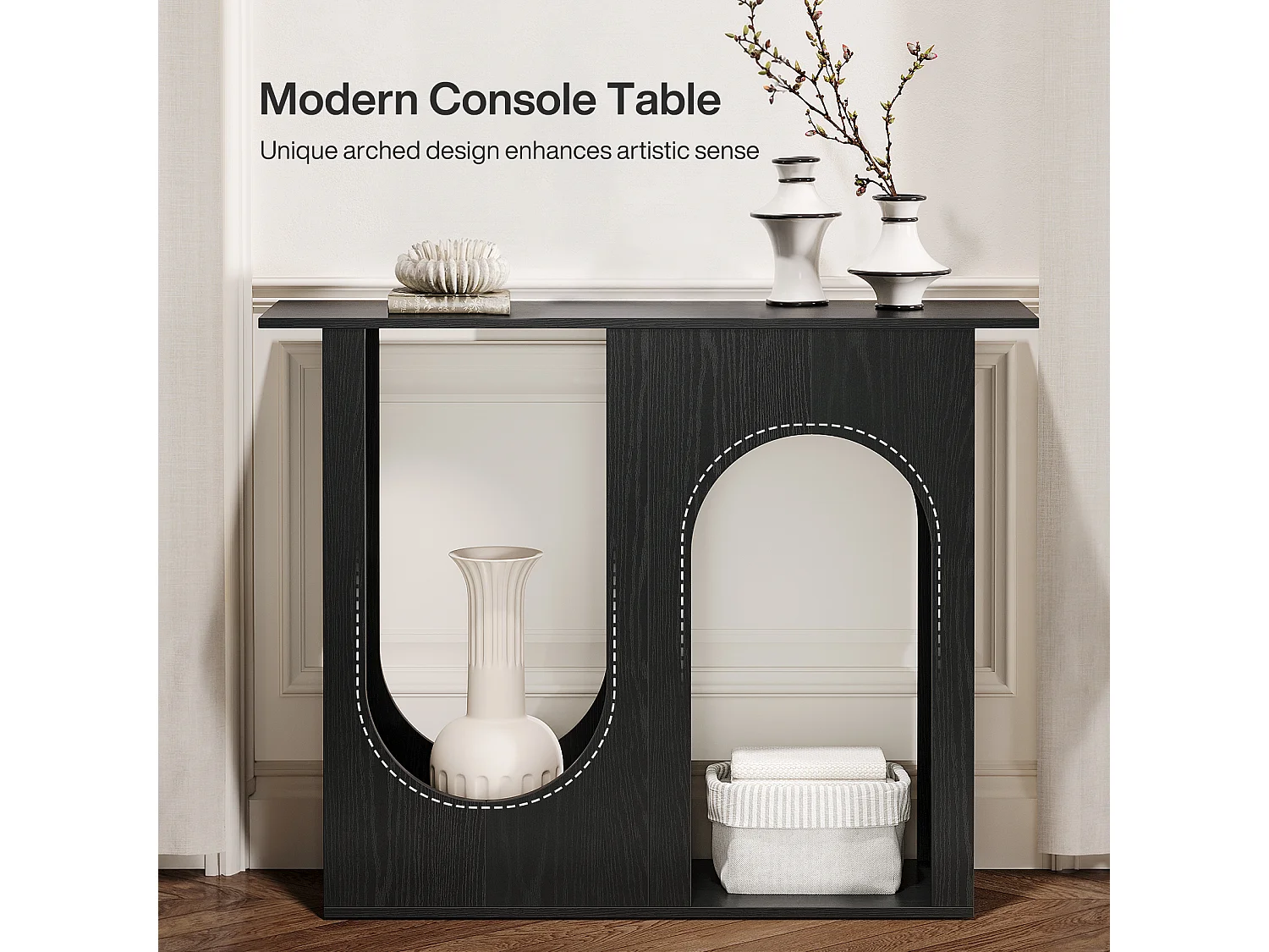 Table console noire de 100 cm, étroite, à placer derrière le canapé, avec un design arqué, style moderne pour entrée.