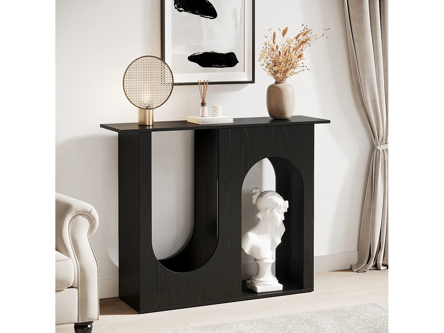 Table console noire de 100 cm, étroite, à placer derrière le canapé, avec un design arqué, style moderne pour entrée.