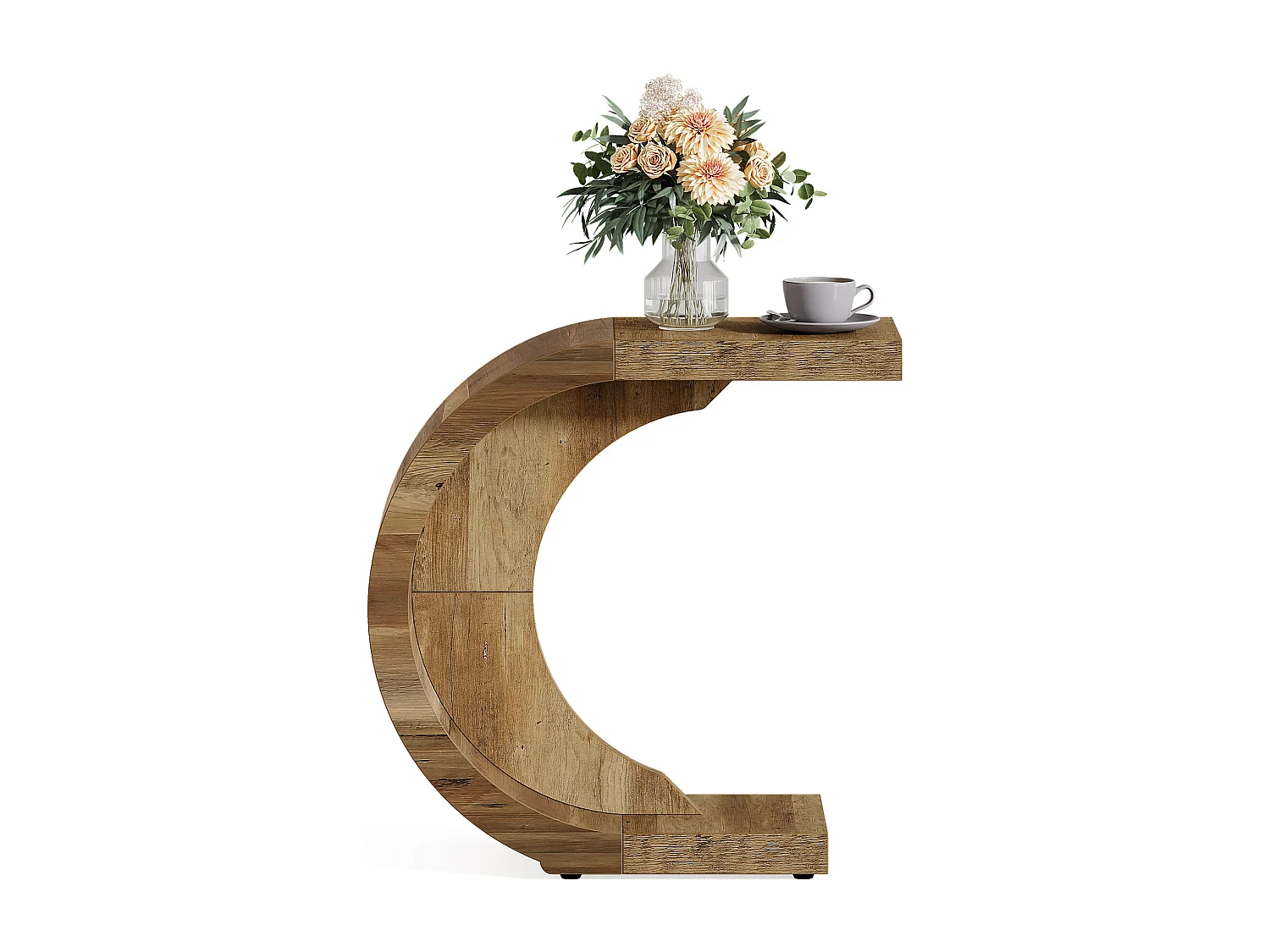 Stolik kawowy w kształcie litery C, stolik boczny do kanapy, sofy, salonu, sypialni, małej przestrzeni, rustykalny brąz