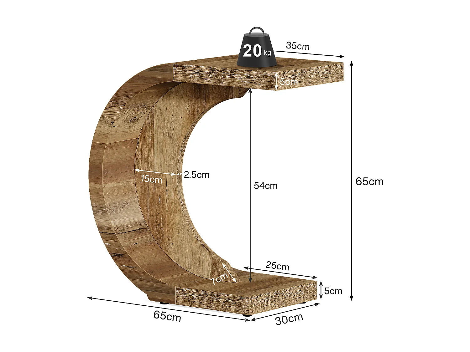 Stolik kawowy w kształcie litery C, stolik boczny do kanapy, sofy, salonu, sypialni, małej przestrzeni, rustykalny brąz