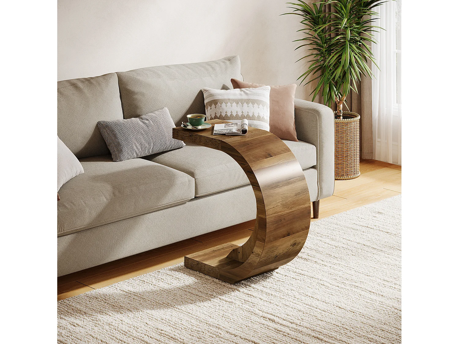 Stolik kawowy w kształcie litery C, stolik boczny do kanapy, sofy, salonu, sypialni, małej przestrzeni, rustykalny brąz