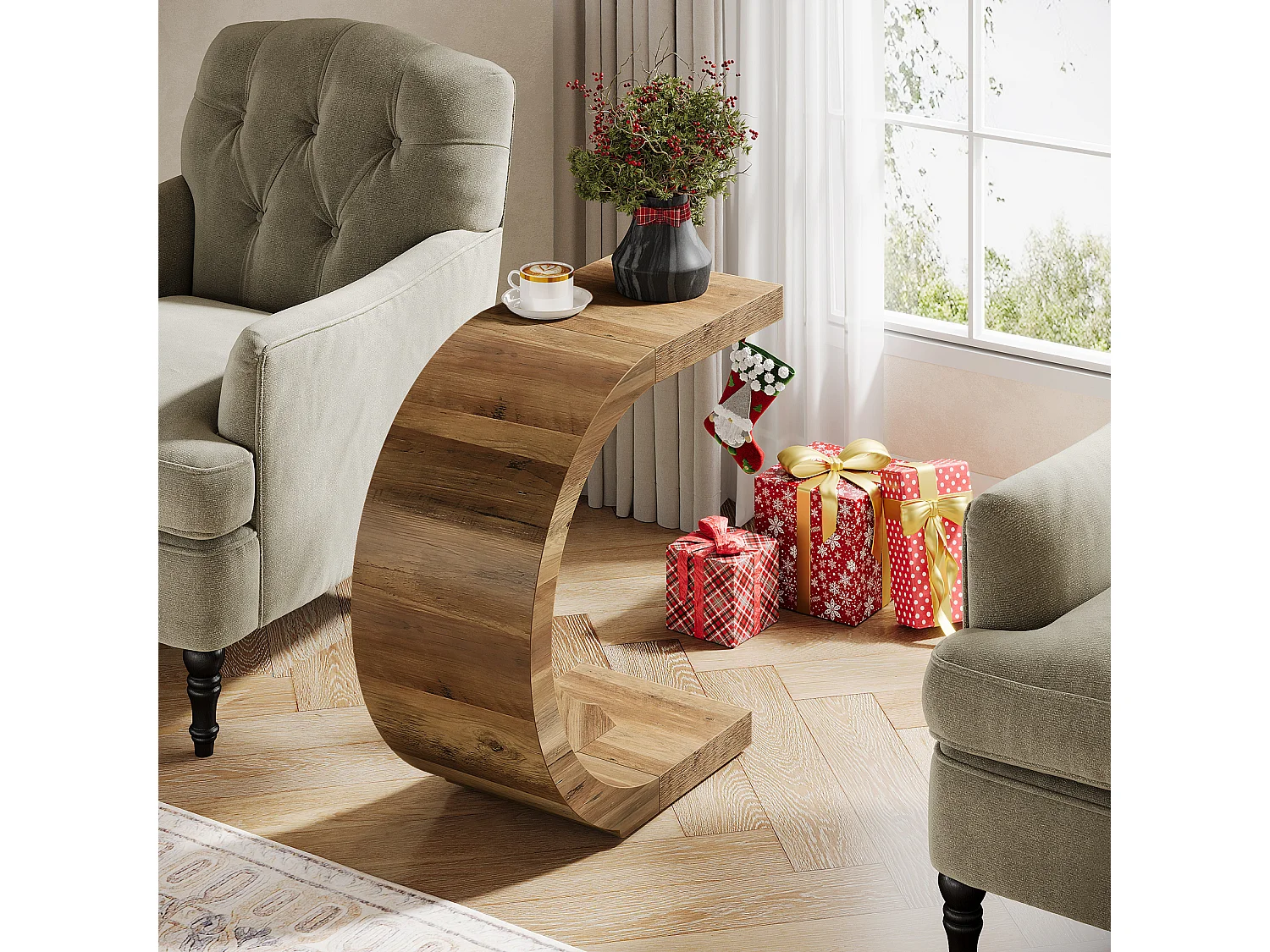 Stolik kawowy w kształcie litery C, stolik boczny do kanapy, sofy, salonu, sypialni, małej przestrzeni, rustykalny brąz