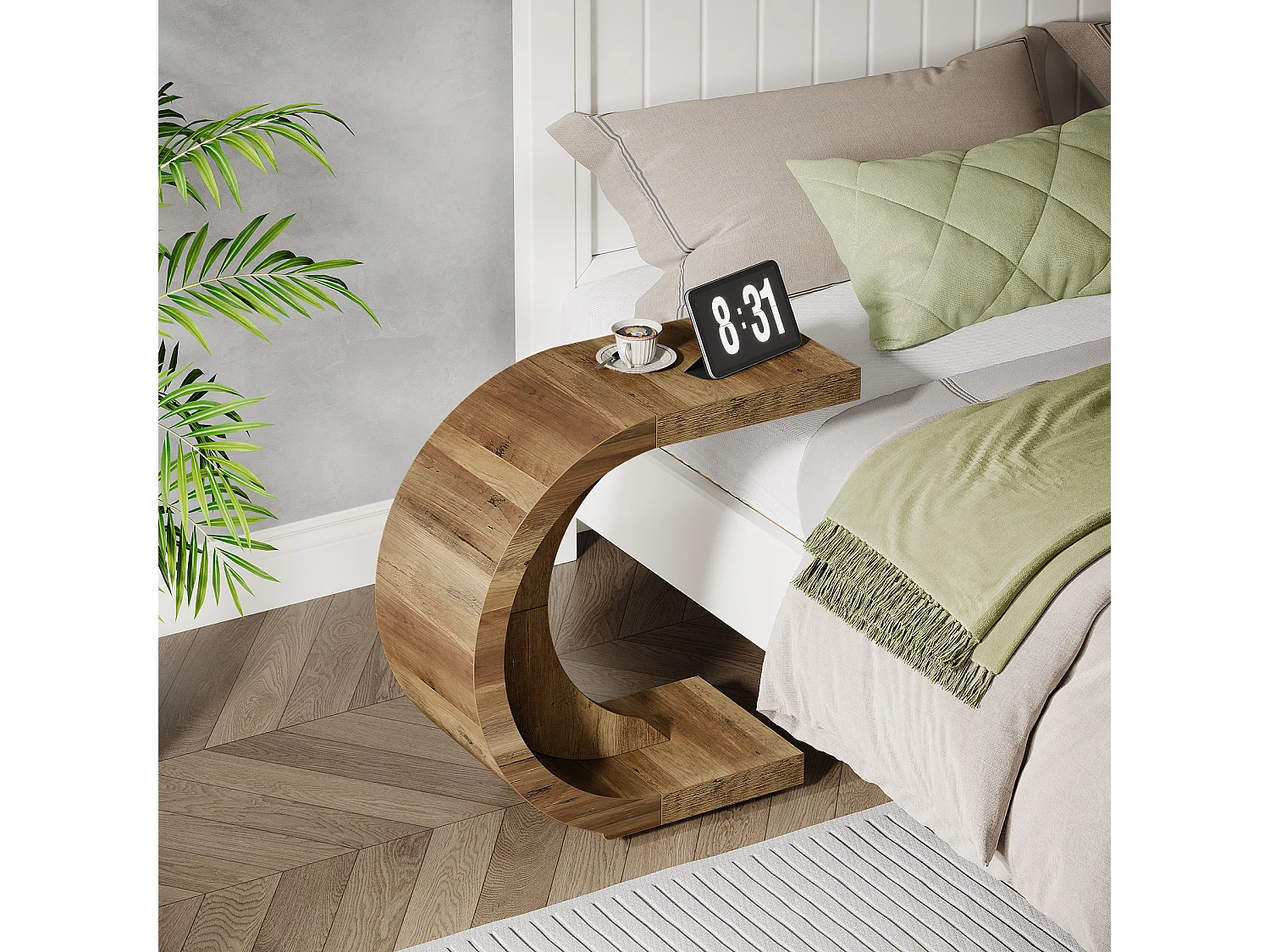 Stolik kawowy w kształcie litery C, stolik boczny do kanapy, sofy, salonu, sypialni, małej przestrzeni, rustykalny brąz