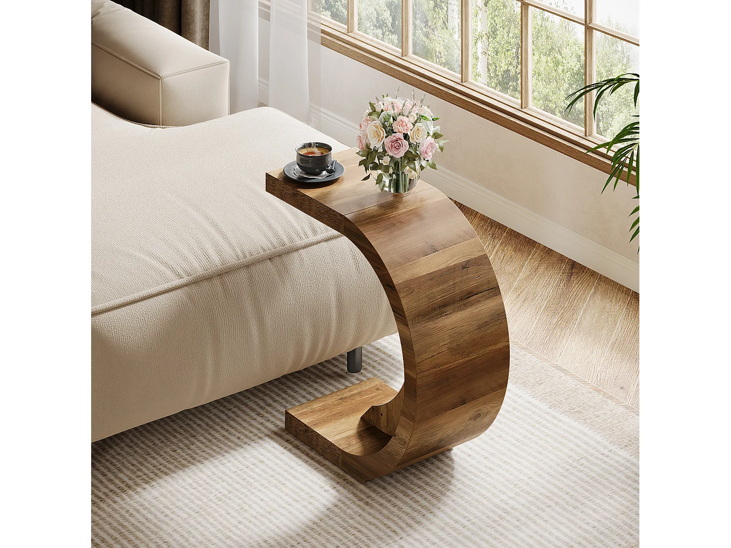 Stolik kawowy w kształcie litery C, stolik boczny do kanapy, sofy, salonu, sypialni, małej przestrzeni, rustykalny brąz