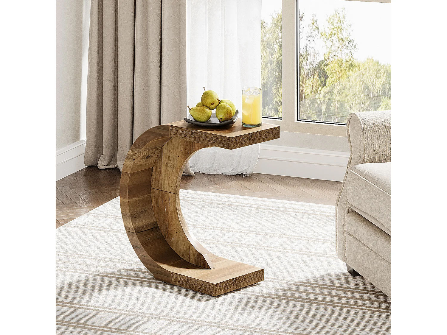 Stolik kawowy w kształcie litery C, stolik boczny do kanapy, sofy, salonu, sypialni, małej przestrzeni, rustykalny brąz