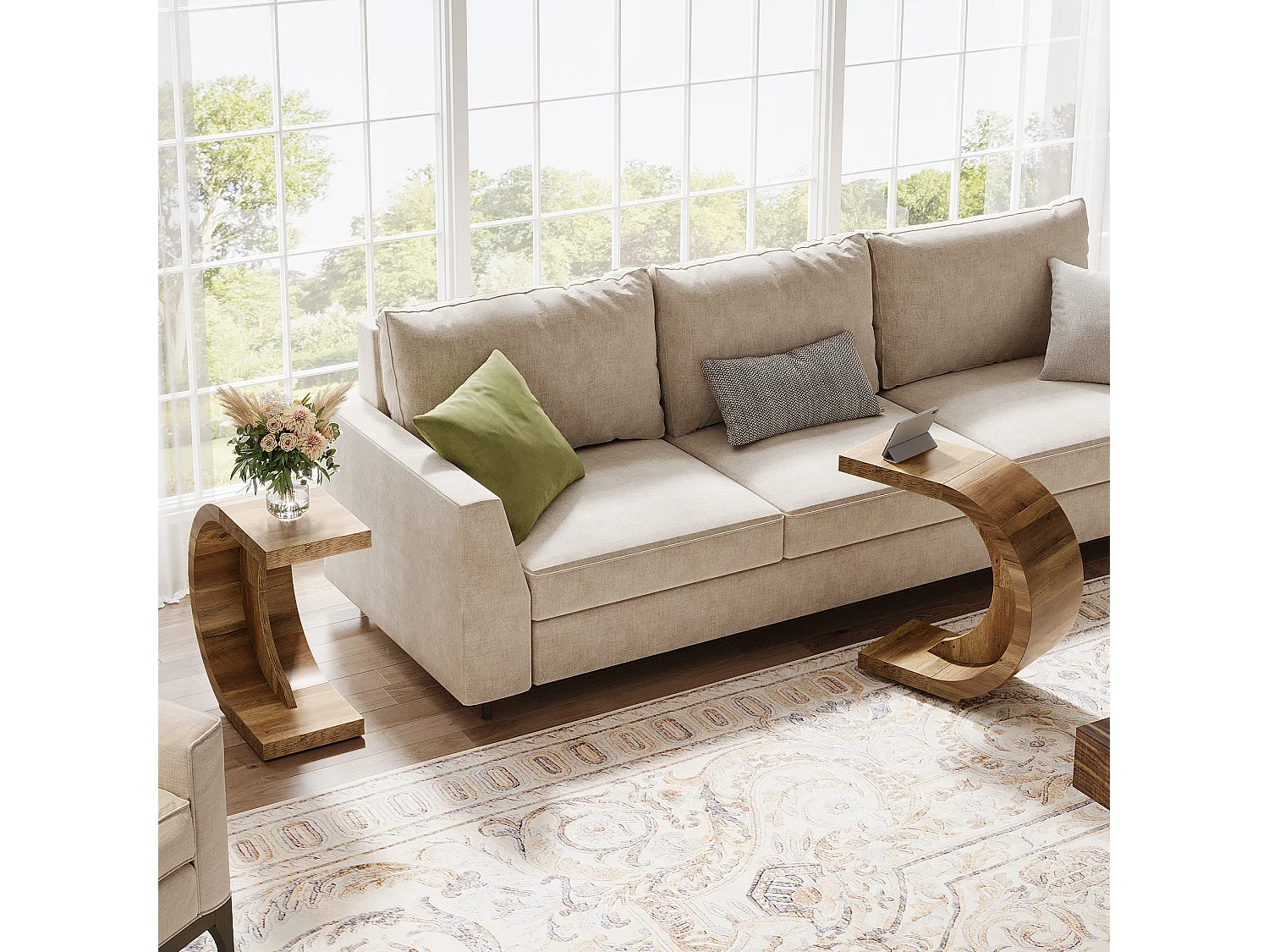 Stolik kawowy w kształcie litery C, stolik boczny do kanapy, sofy, salonu, sypialni, małej przestrzeni, rustykalny brąz