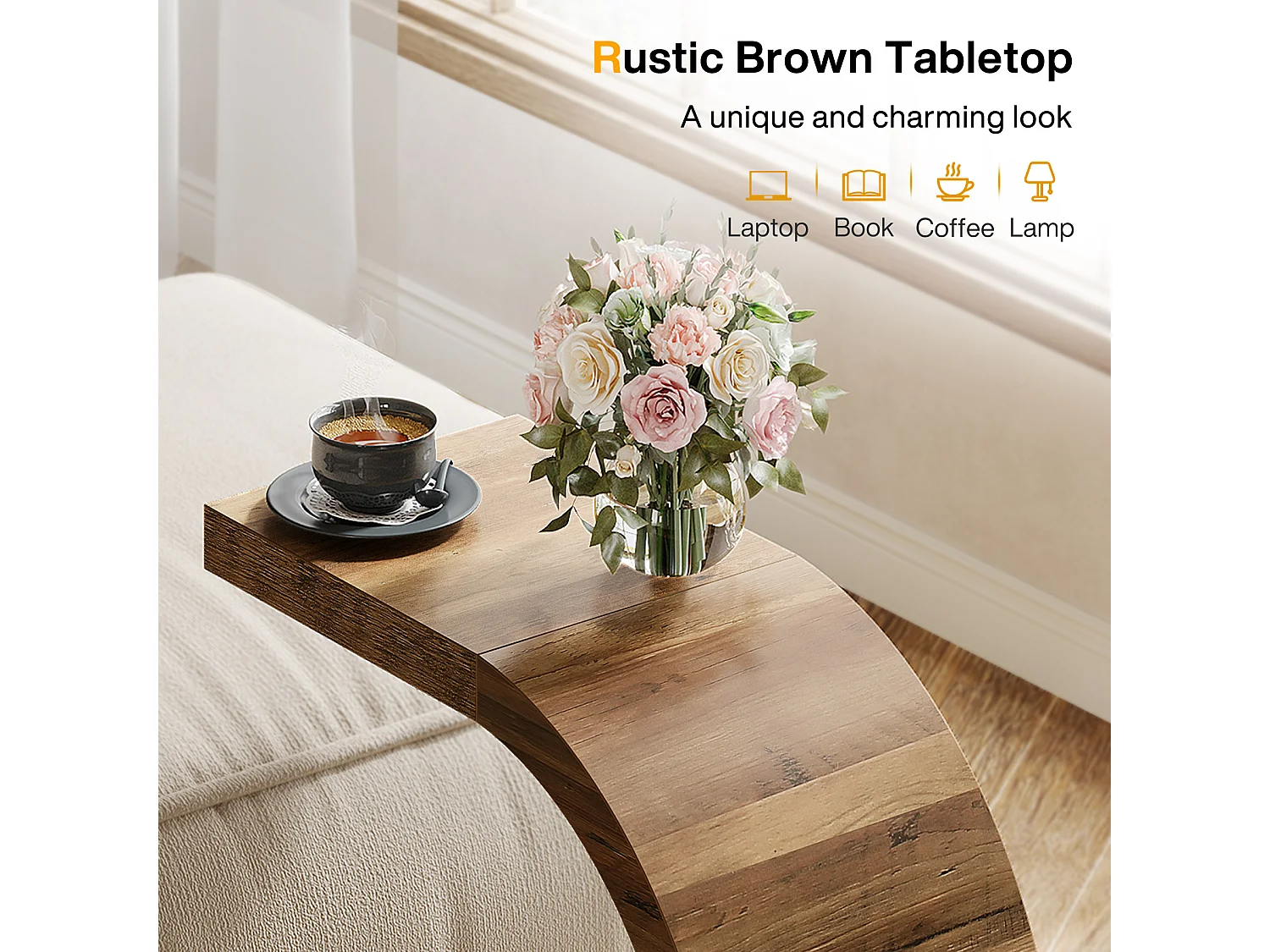 Stolik kawowy w kształcie litery C, stolik boczny do kanapy, sofy, salonu, sypialni, małej przestrzeni, rustykalny brąz