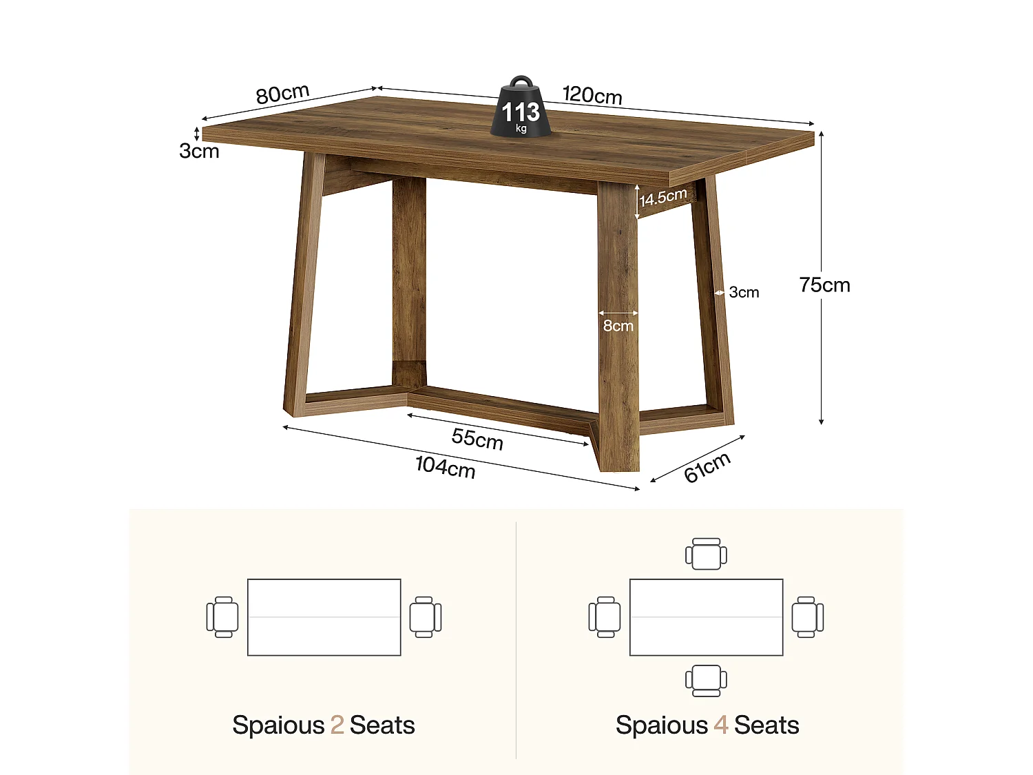 Table à manger pour 4 personnes, table de cuisine marron avec pieds robustes 120 x 80 x 75 cm