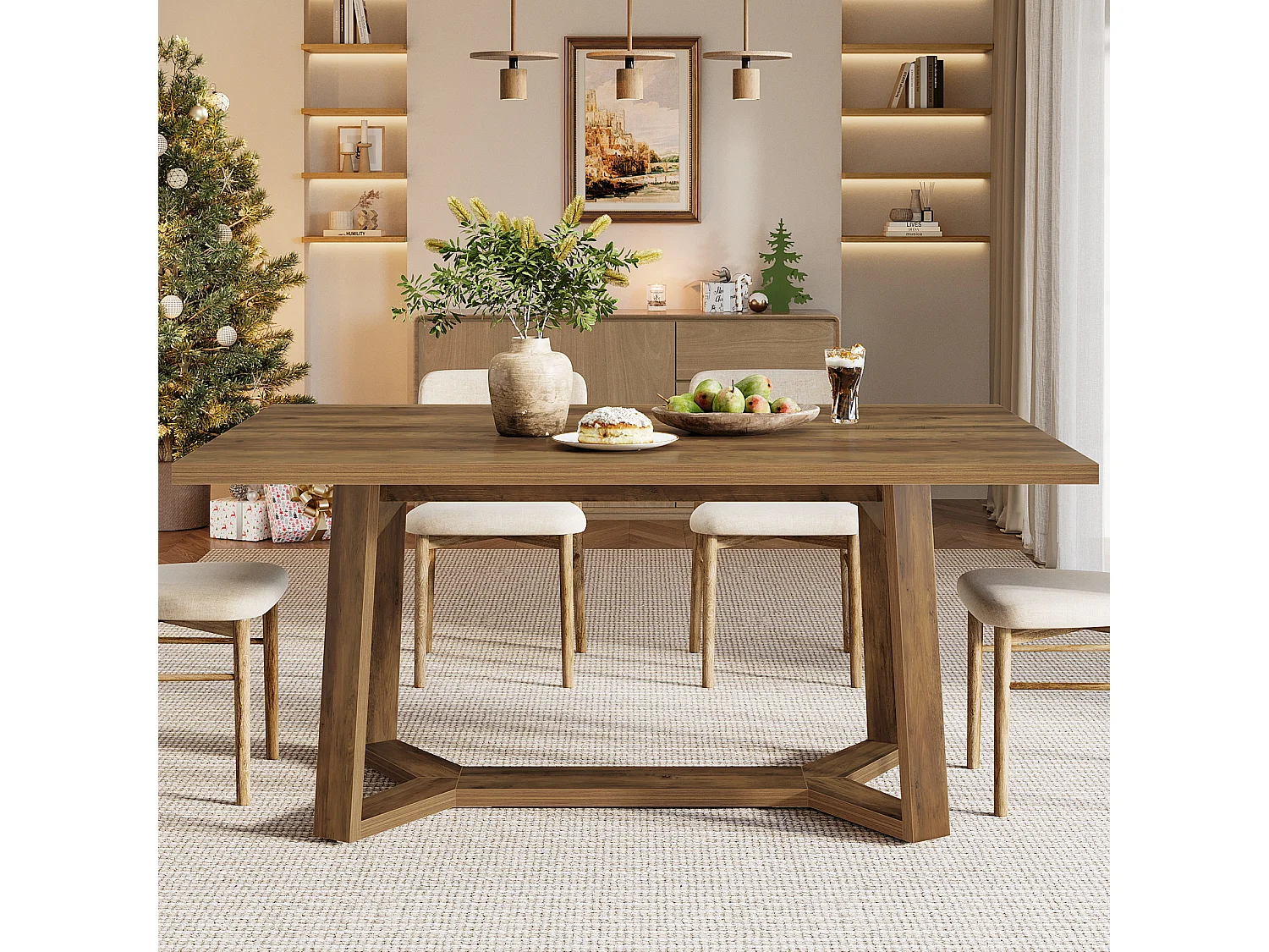 Table à manger pour 4 personnes, table de cuisine marron avec pieds robustes 120 x 80 x 75 cm