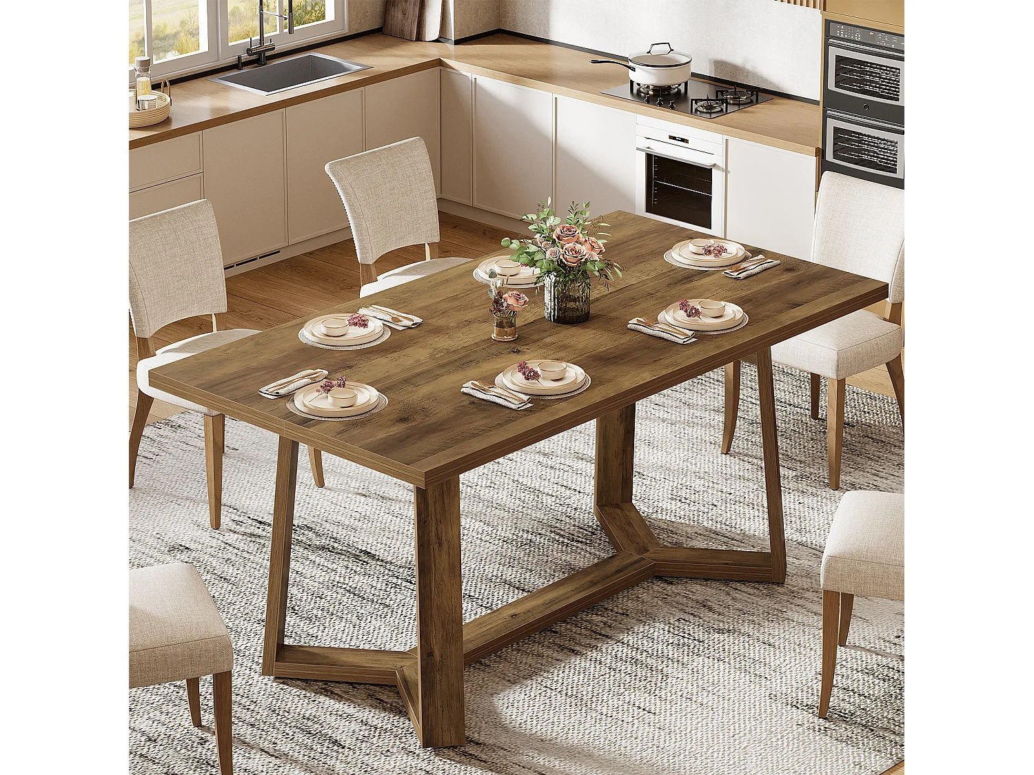 Table à manger pour 4 personnes, table de cuisine marron avec pieds robustes 120 x 80 x 75 cm