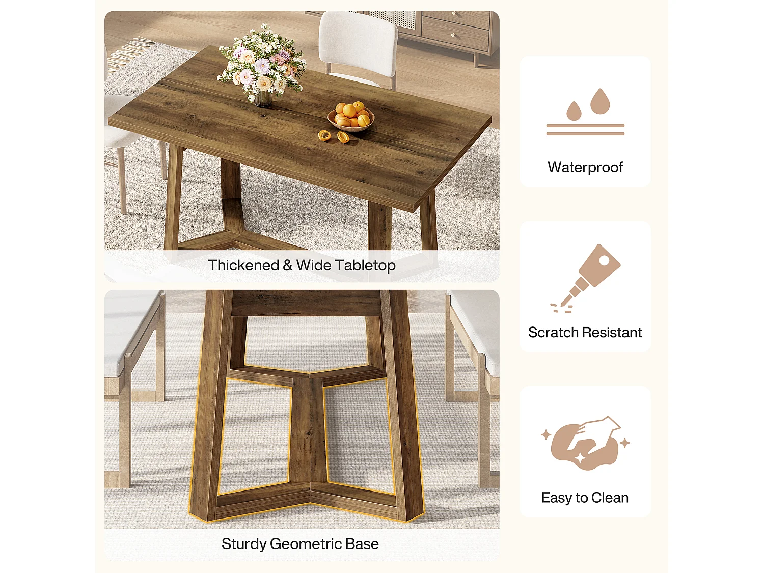 Table à manger pour 4 personnes, table de cuisine marron avec pieds robustes 120 x 80 x 75 cm