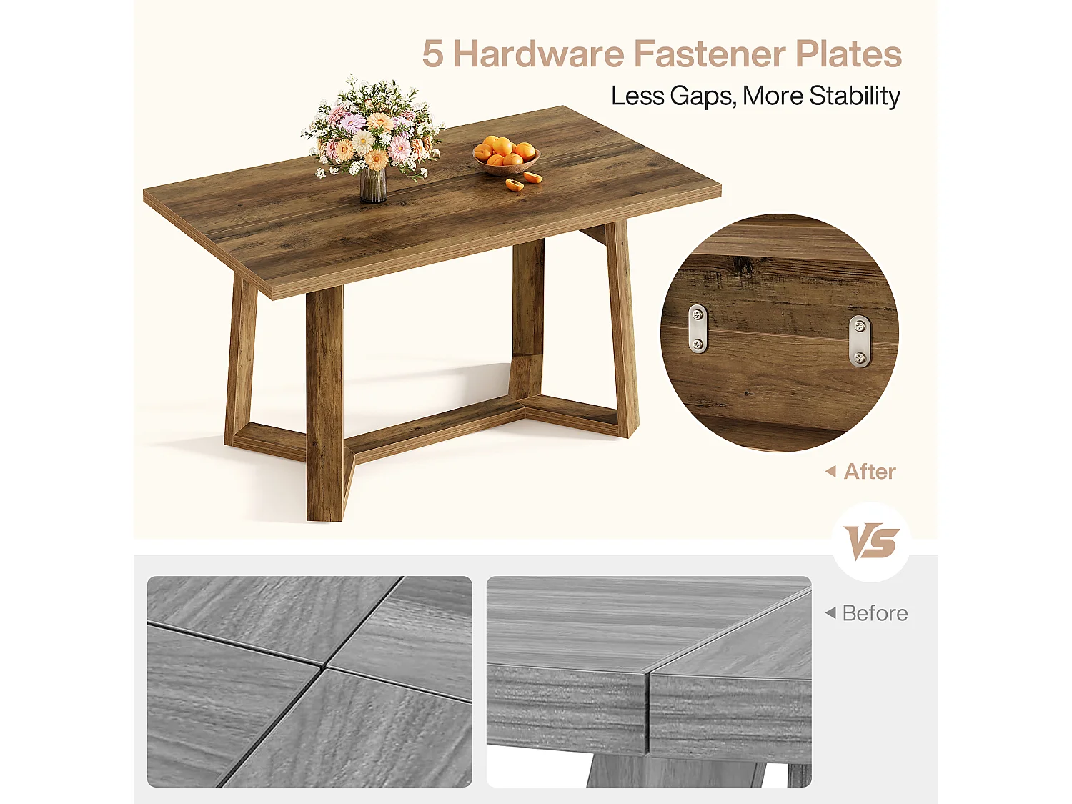 Table à manger pour 4 personnes, table de cuisine marron avec pieds robustes 120 x 80 x 75 cm