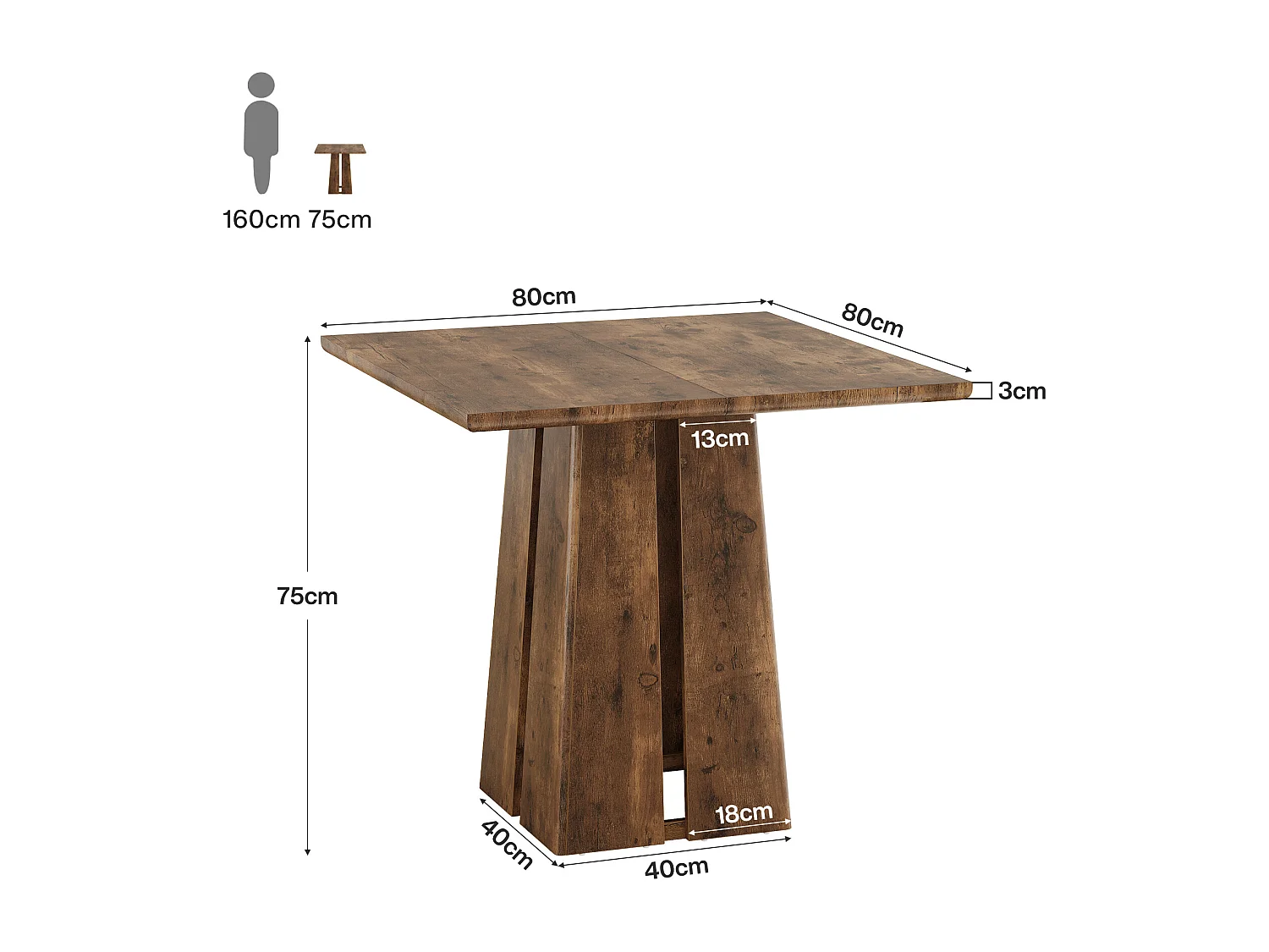 Table de salle à manger carrée pour 4 personnes, table de cuisine de style campagnard de 80 cm avec pied central robuste