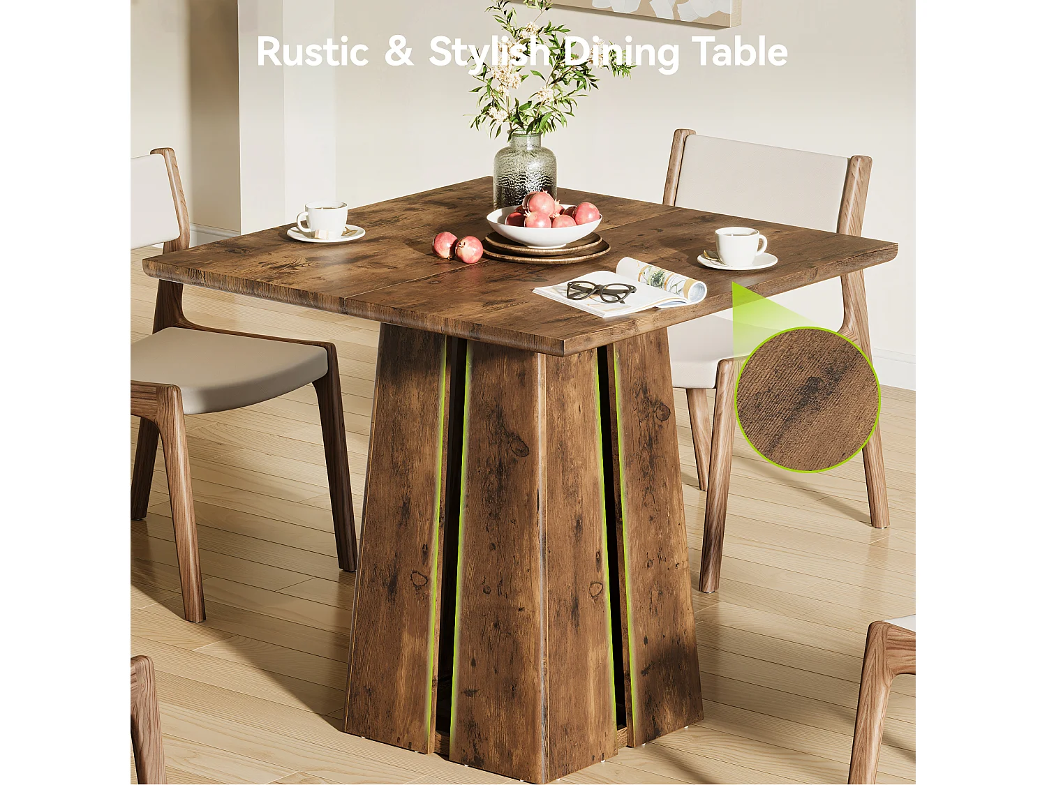 Table de salle à manger carrée pour 4 personnes, table de cuisine de style campagnard de 80 cm avec pied central robuste