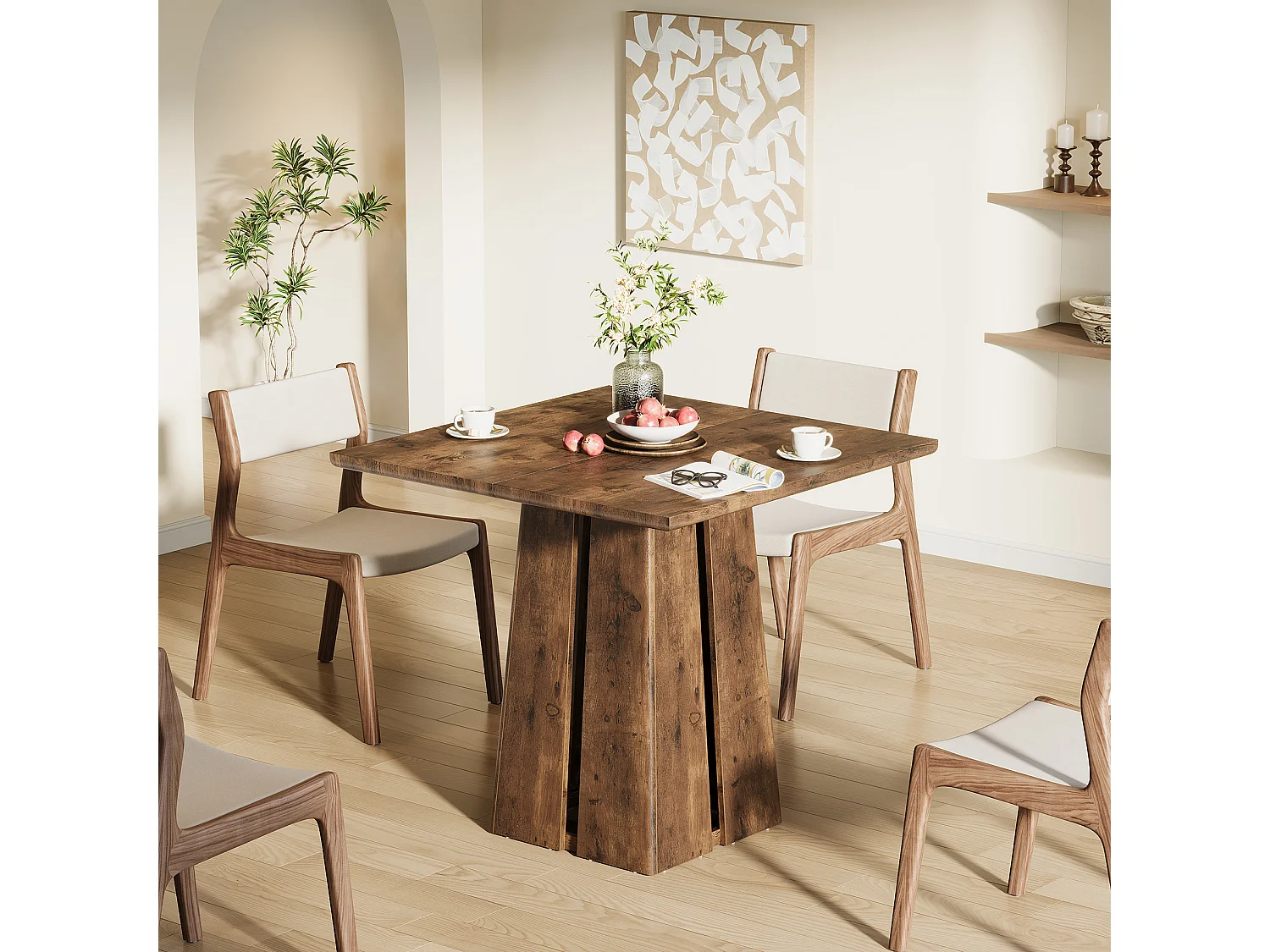 Table de salle à manger carrée pour 4 personnes, table de cuisine de style campagnard de 80 cm avec pied central robuste