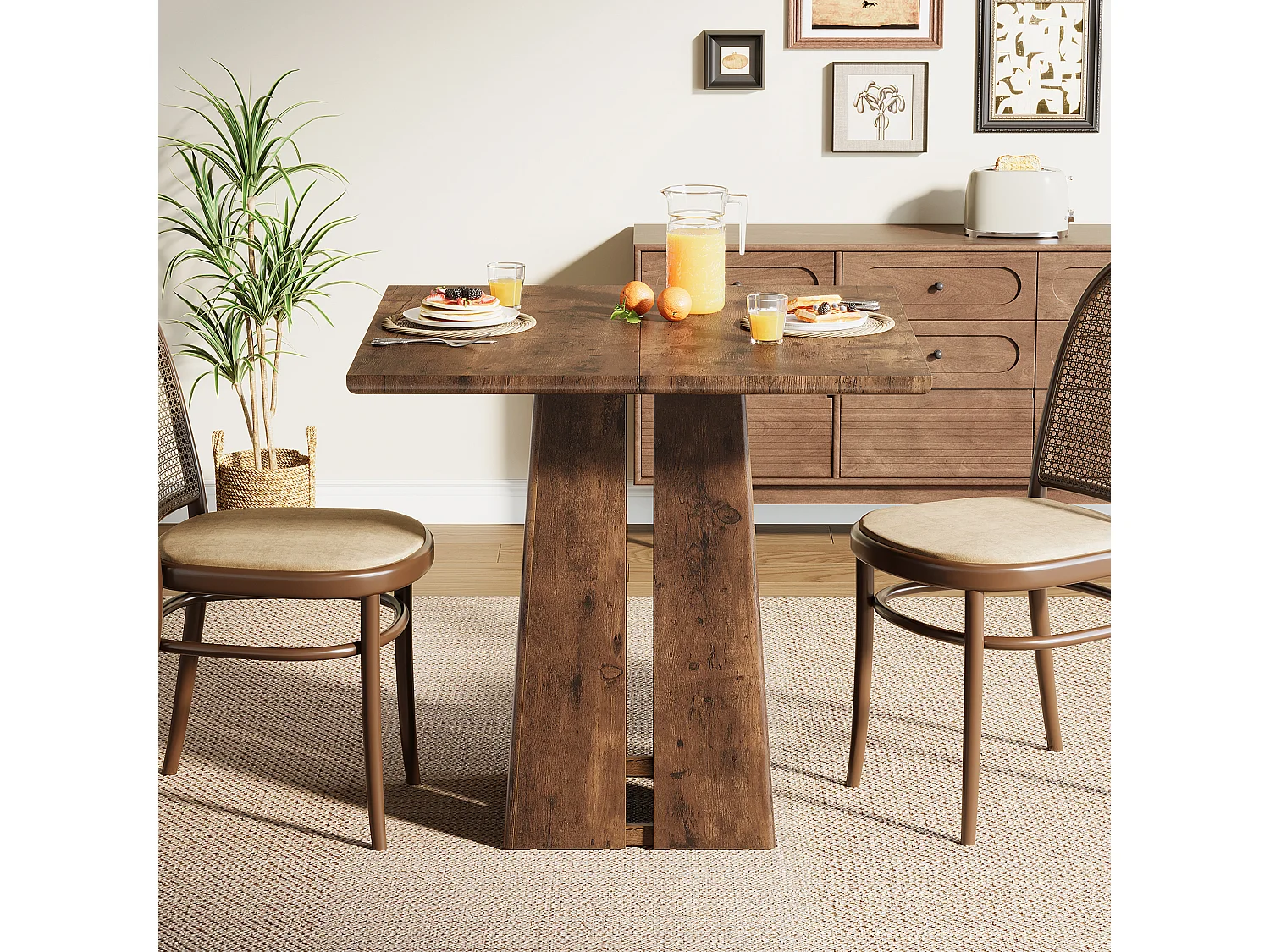 Table de salle à manger carrée pour 4 personnes, table de cuisine de style campagnard de 80 cm avec pied central robuste