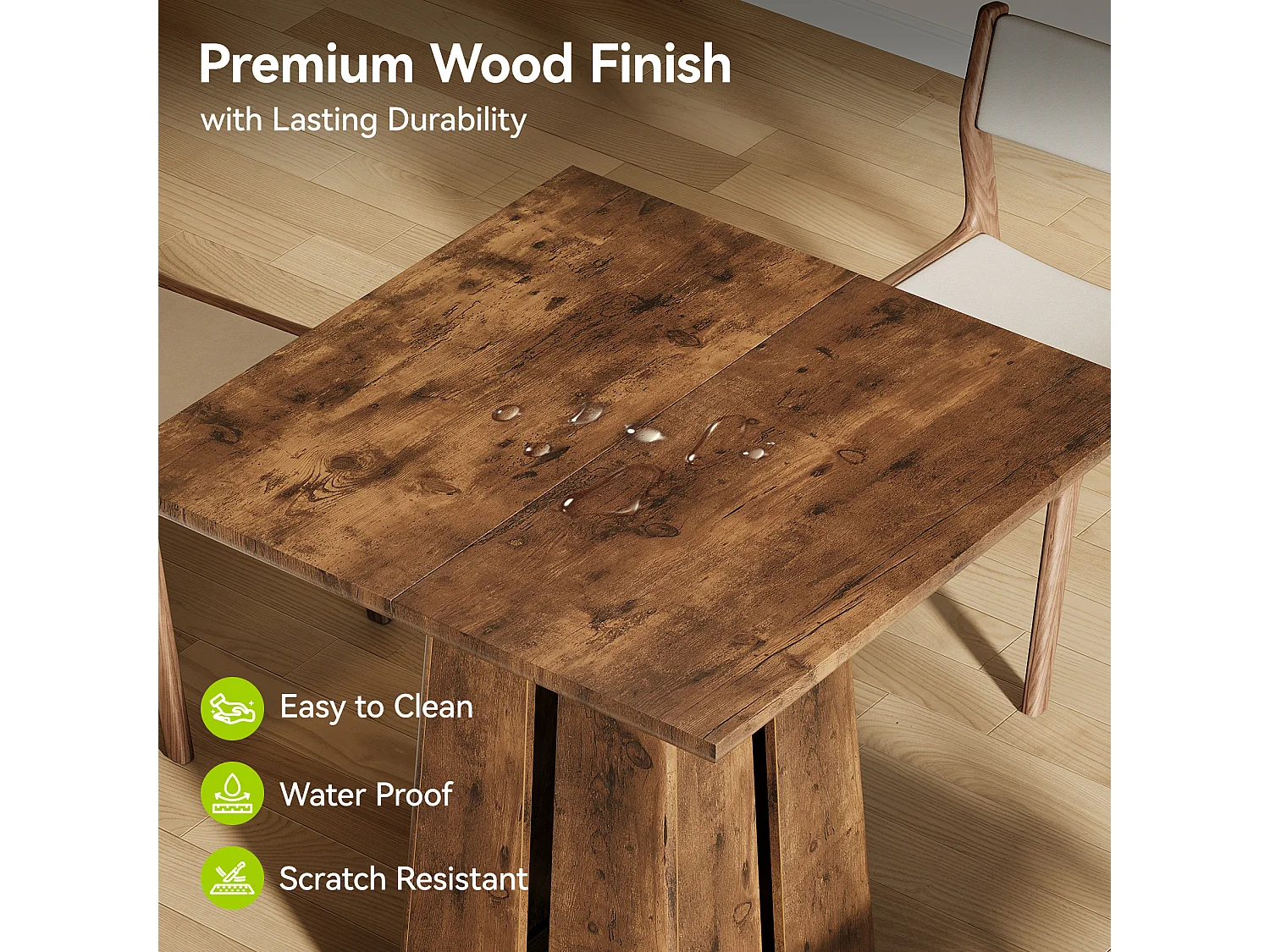 Table de salle à manger carrée pour 4 personnes, table de cuisine de style campagnard de 80 cm avec pied central robuste