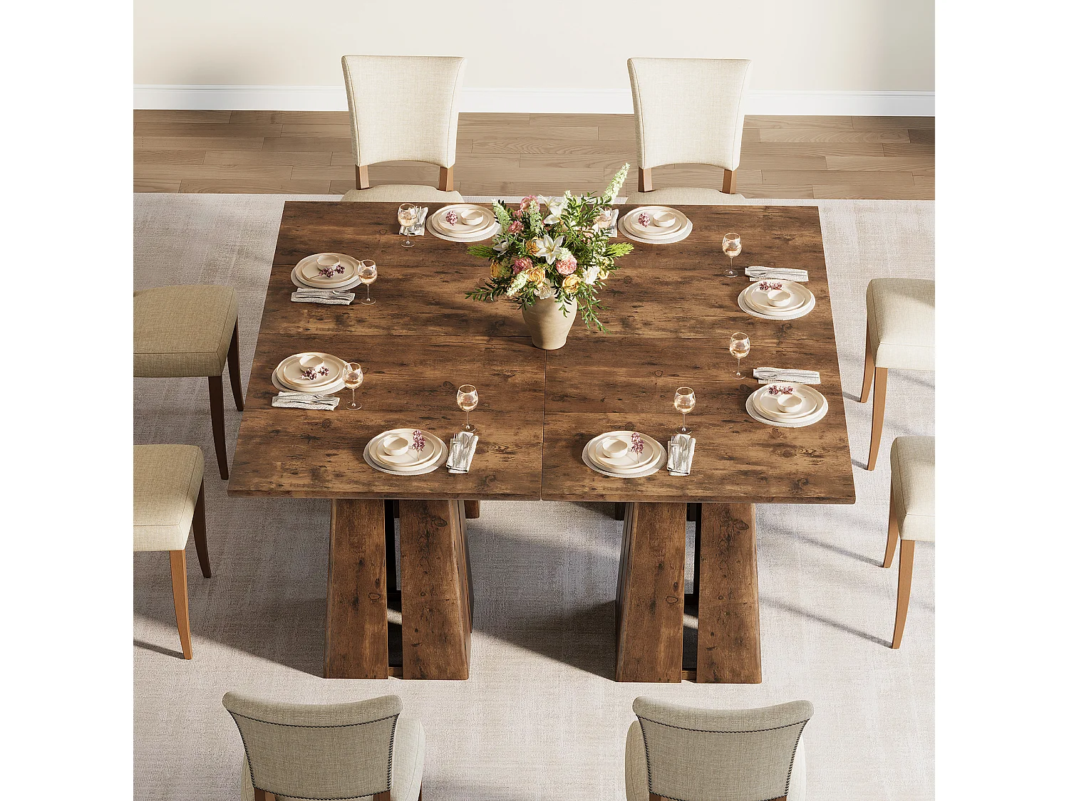 Table de salle à manger carrée pour 4 personnes, table de cuisine de style campagnard de 80 cm avec pied central robuste