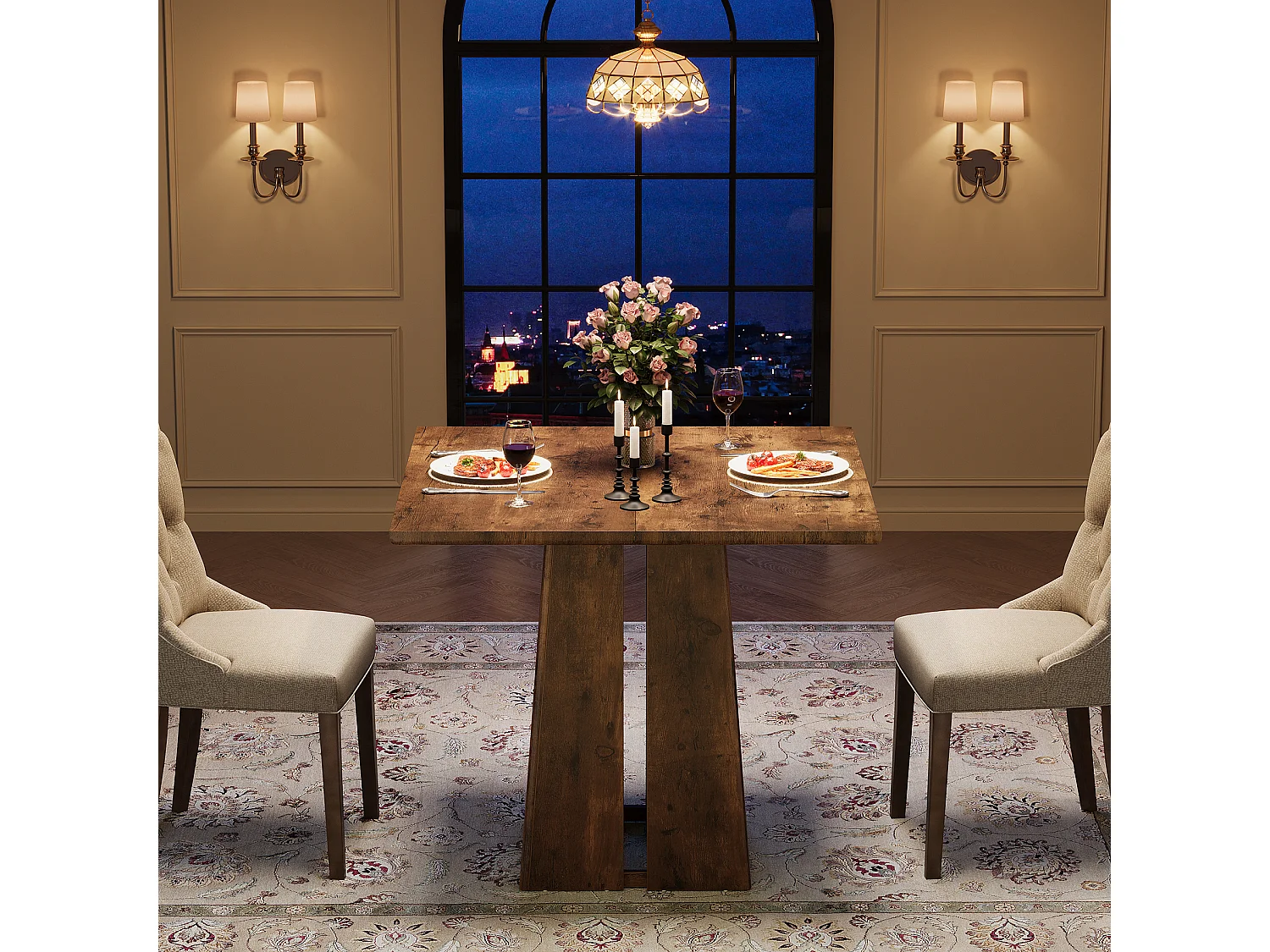 Table de salle à manger carrée pour 4 personnes, table de cuisine de style campagnard de 80 cm avec pied central robuste