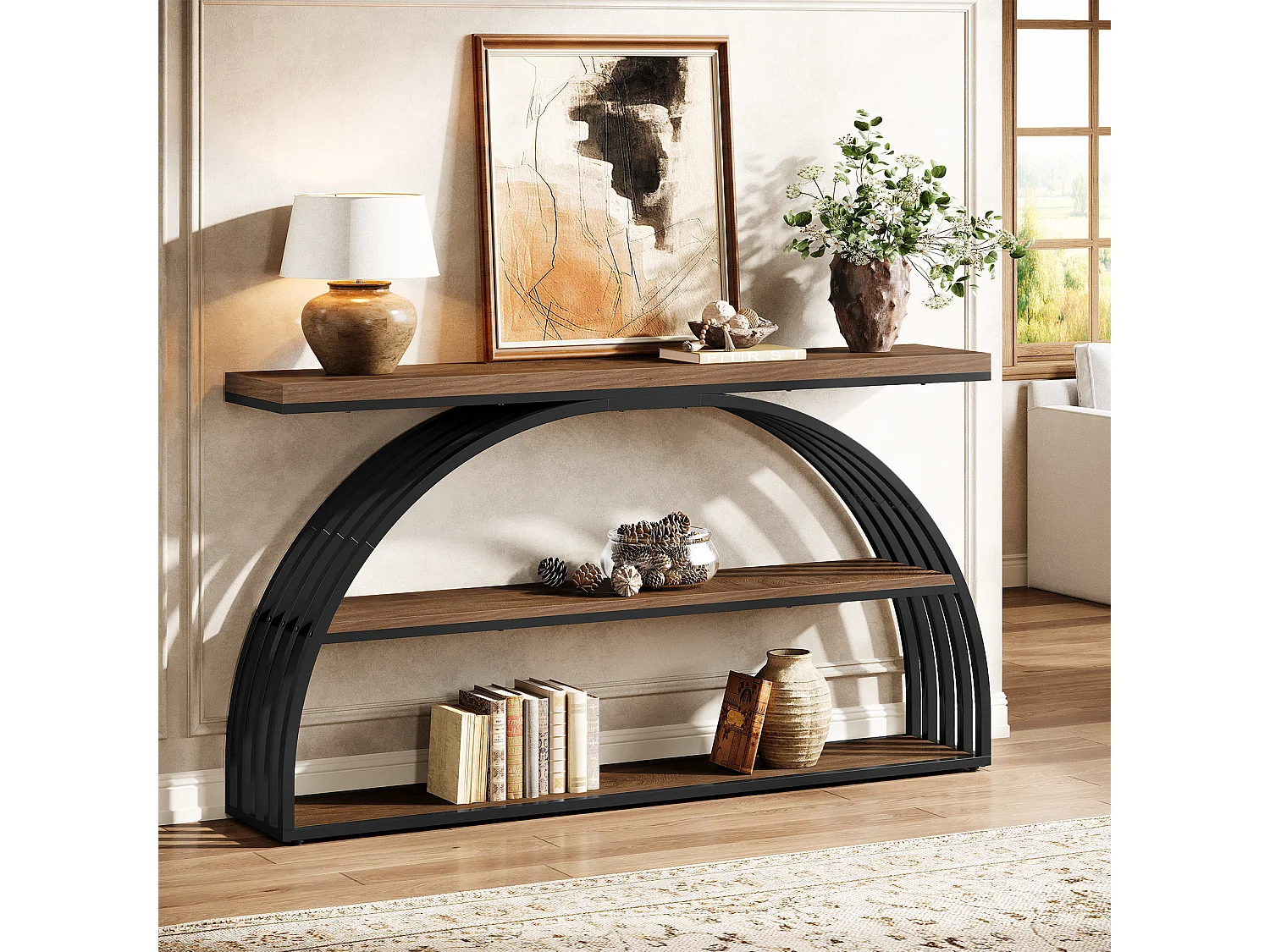 Console de 160 cm pour entrée, style campagnard, avec structure arquée, console industrielle à 3 niveaux pour canapé.