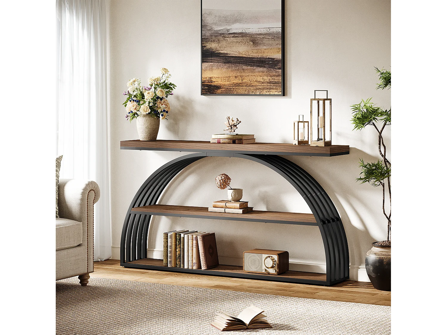 Console de 160 cm pour entrée, style campagnard, avec structure arquée, console industrielle à 3 niveaux pour canapé.