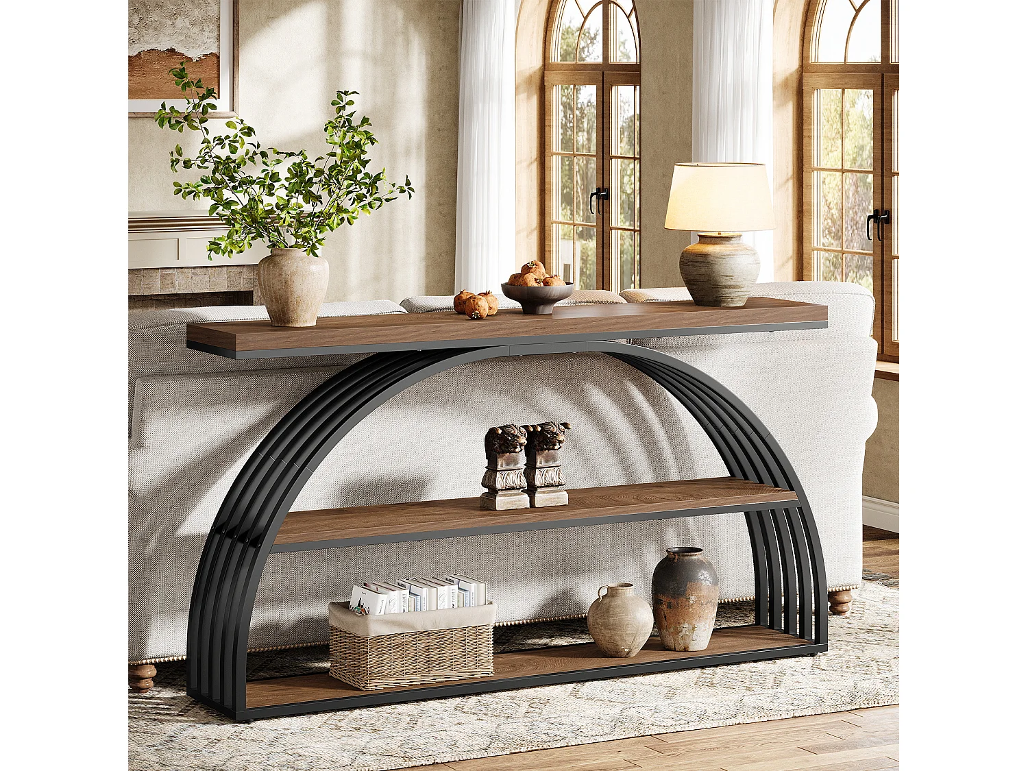 Console de 160 cm pour entrée, style campagnard, avec structure arquée, console industrielle à 3 niveaux pour canapé.