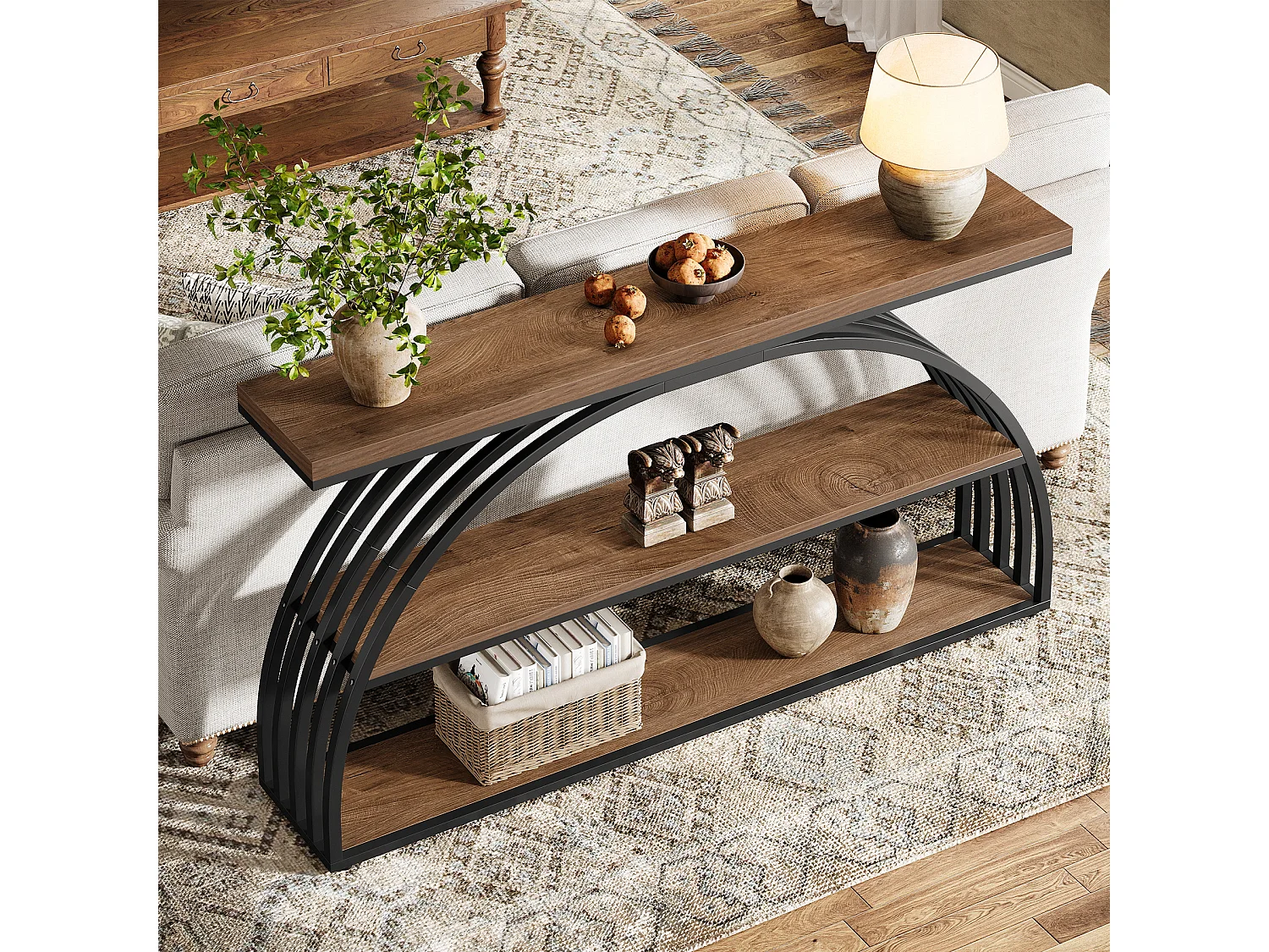 Console de 160 cm pour entrée, style campagnard, avec structure arquée, console industrielle à 3 niveaux pour canapé.