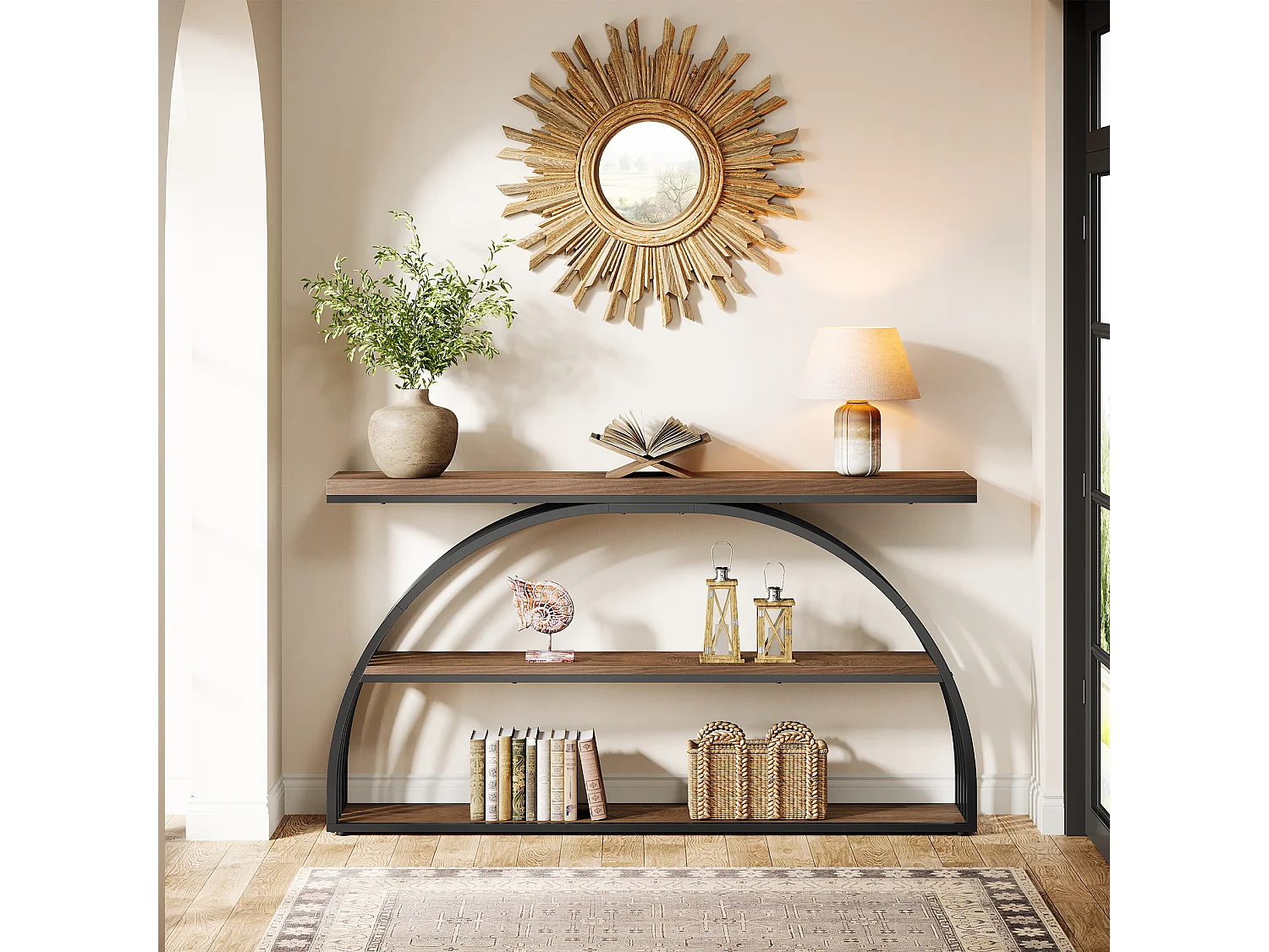 Console de 160 cm pour entrée, style campagnard, avec structure arquée, console industrielle à 3 niveaux pour canapé.