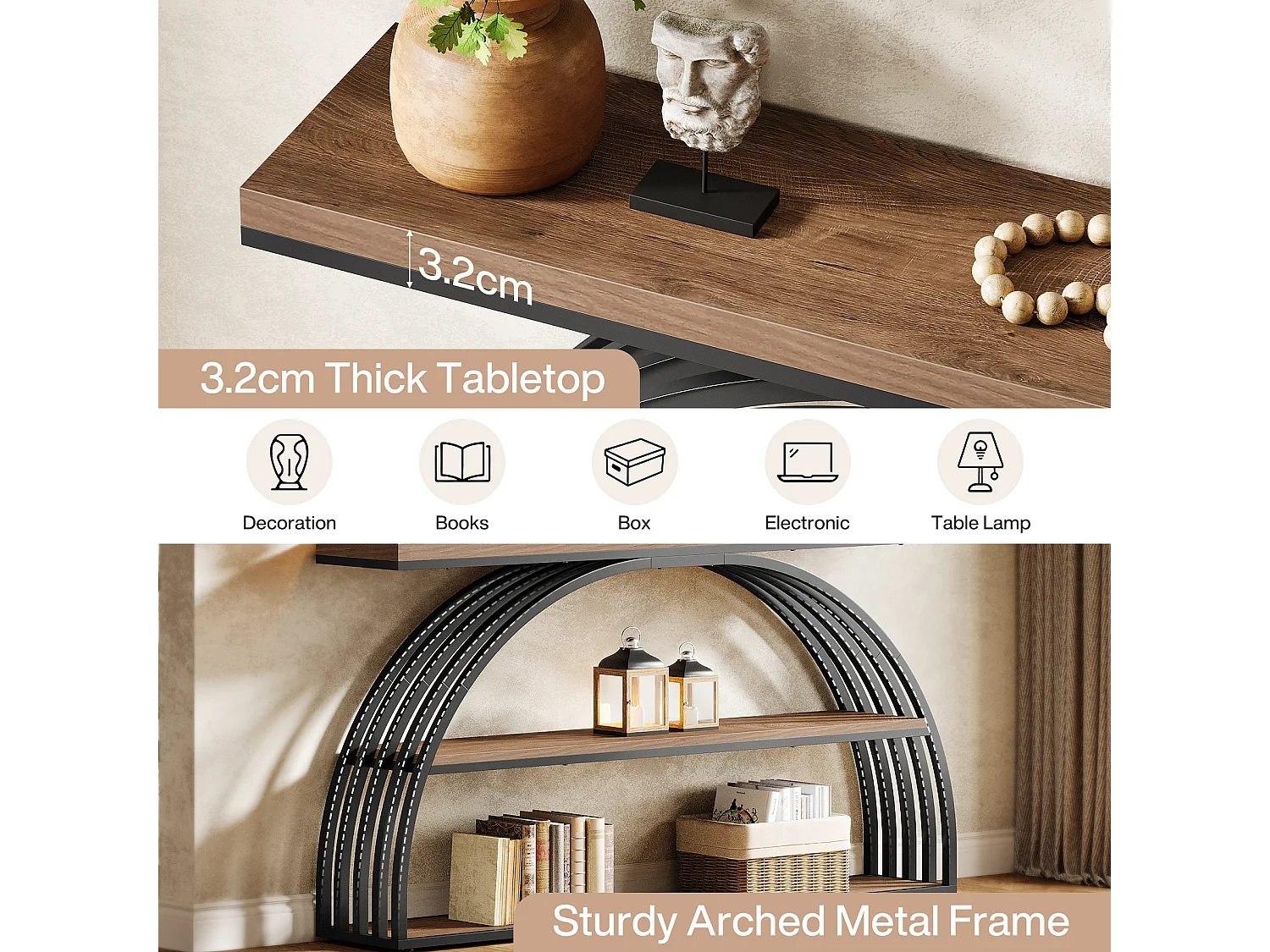 Console de 160 cm pour entrée, style campagnard, avec structure arquée, console industrielle à 3 niveaux pour canapé.