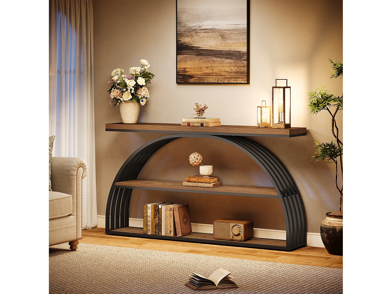 Console de 160 cm pour entrée, style campagnard, avec structure arquée, console industrielle à 3 niveaux pour canapé.