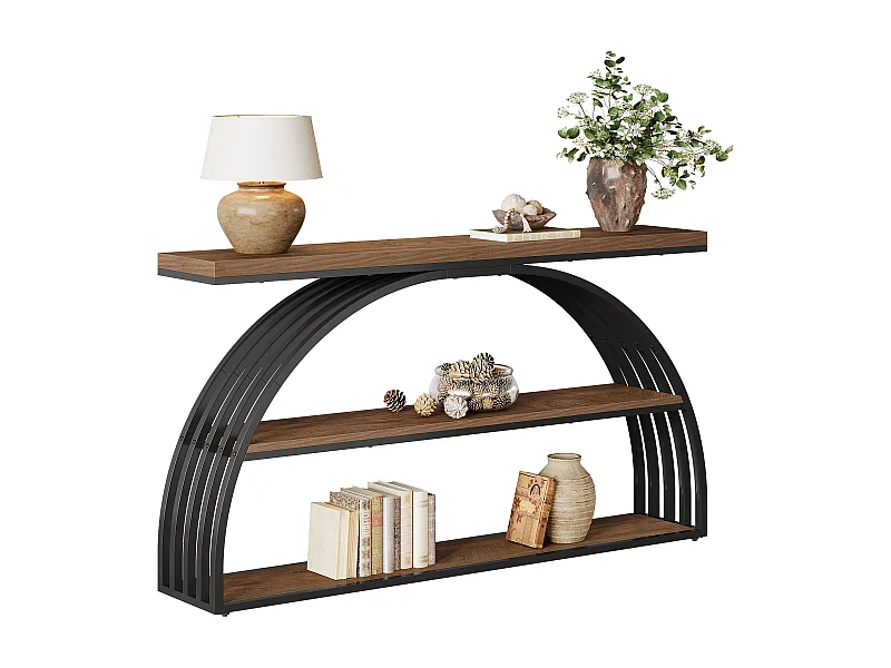 Console de 160 cm pour entrée, style campagnard, avec structure arquée, console industrielle à 3 niveaux pour canapé.