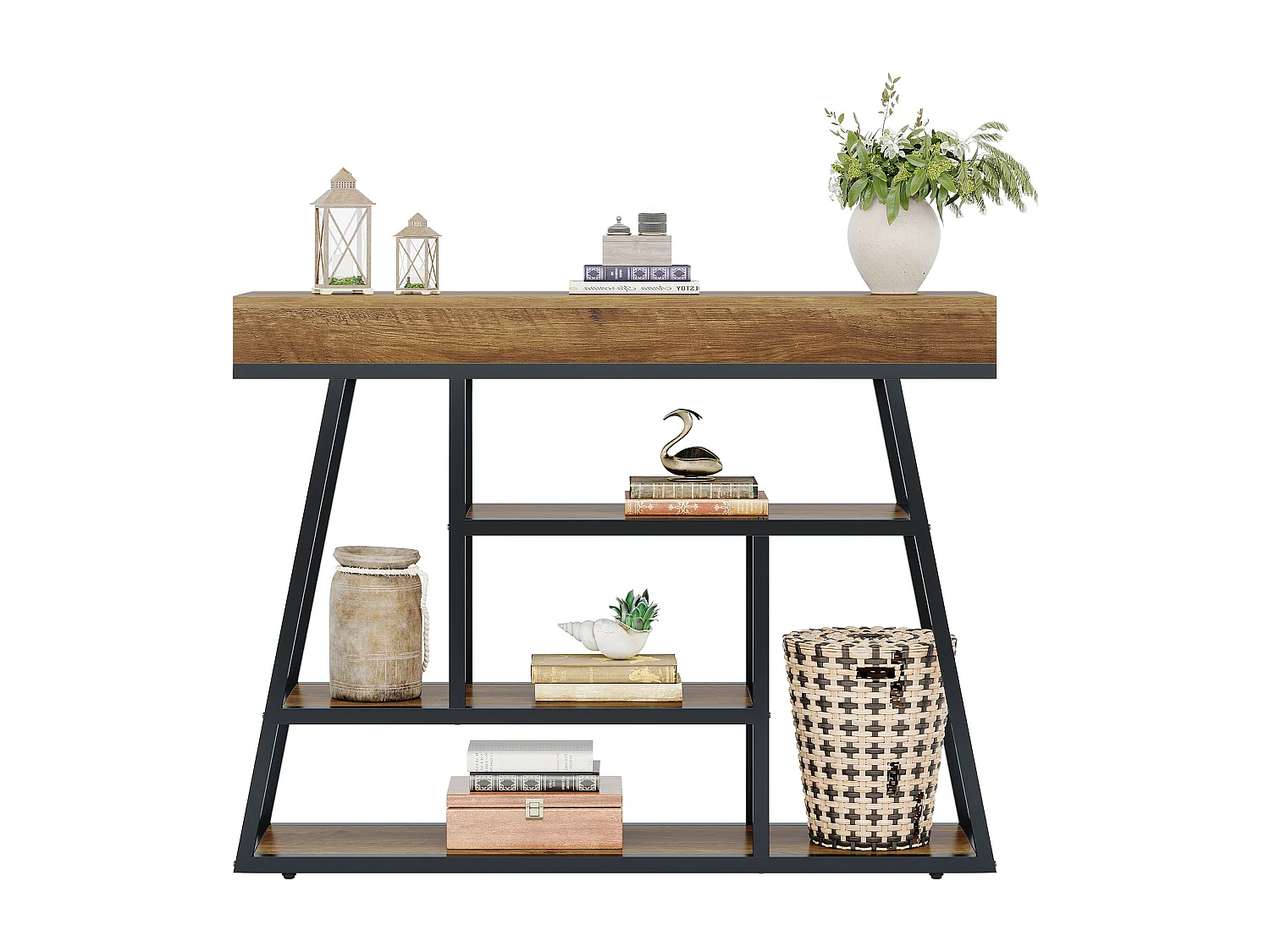 Table d'entrée de 105 cm, console étroite de style industriel avec 4 étagères de rangement