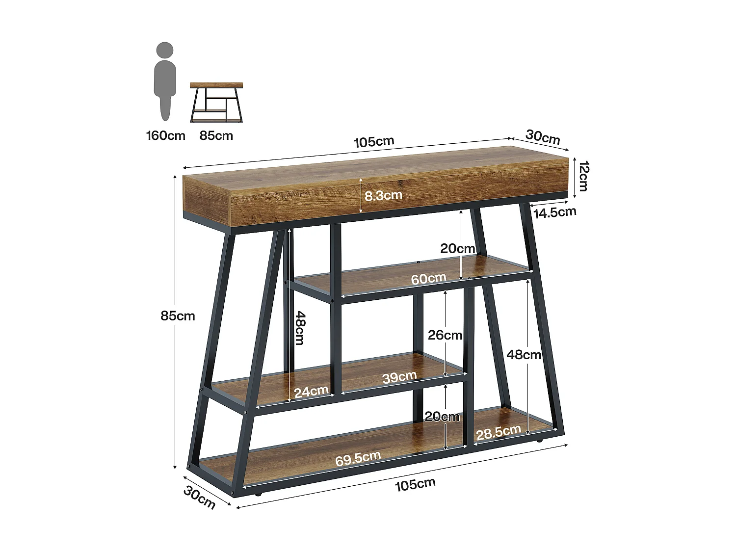 Table d'entrée de 105 cm, console étroite de style industriel avec 4 étagères de rangement