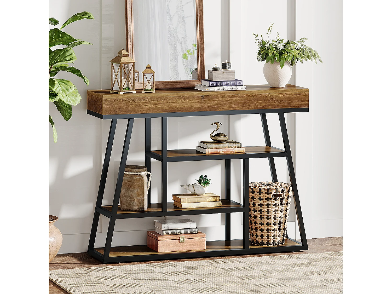 Table d'entrée de 105 cm, console étroite de style industriel avec 4 étagères de rangement